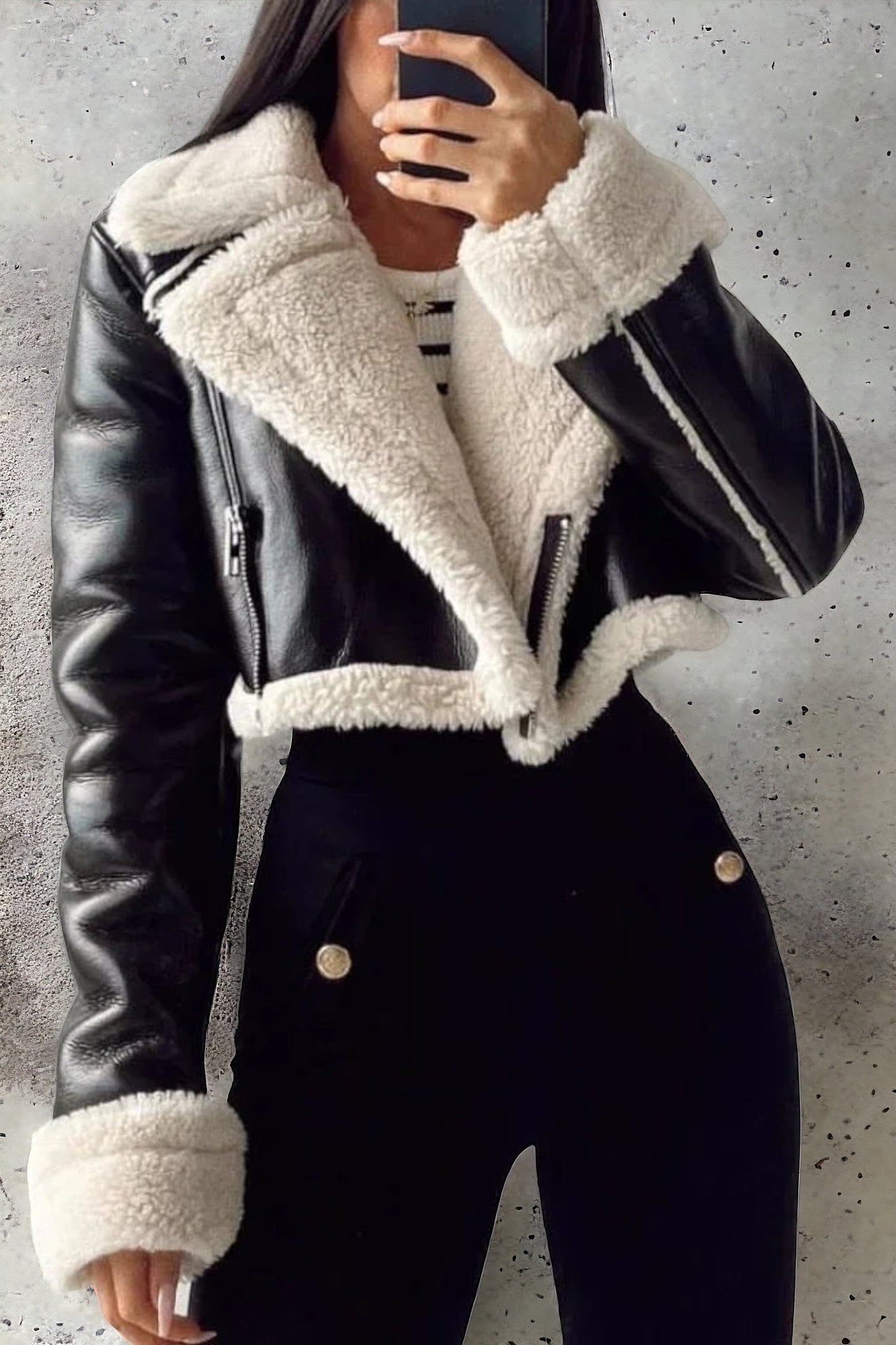 Kurze Gefütterte Jacke Kunstleder-Optik Winter Herbst XS-L