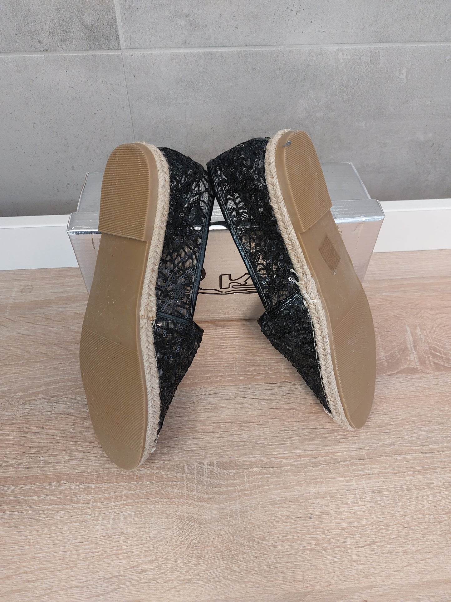 Transparente Espadrilles Textil Slipper Sandalen Ballerina Schwarz Neu 37/37.5.
