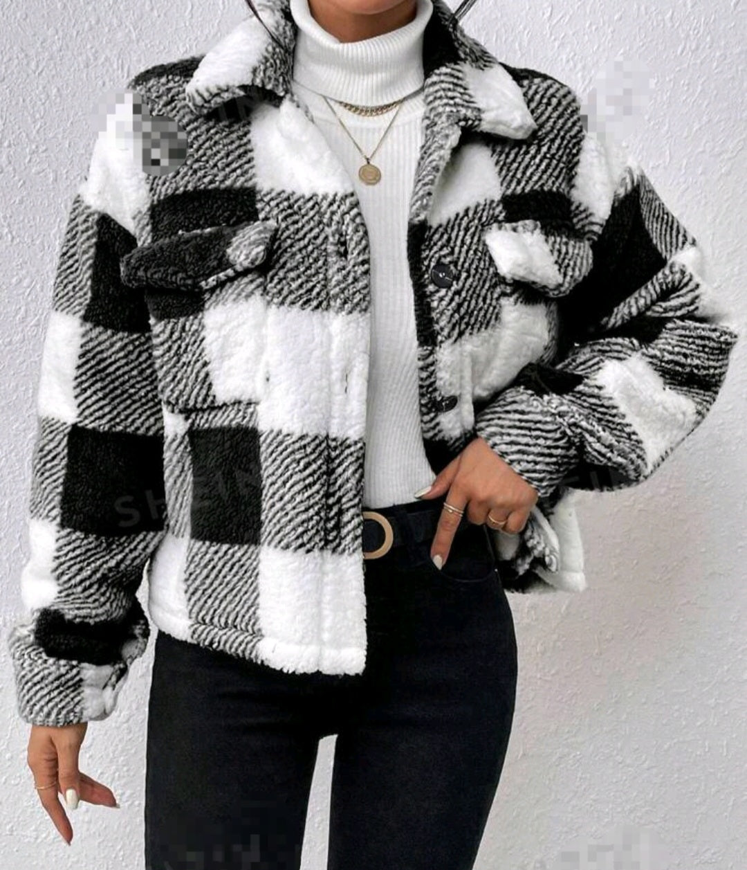 Teddy Jacke mit Buffalo Plaid Muster, Drop Shoulder Pattentaschen Plüsch Kariert