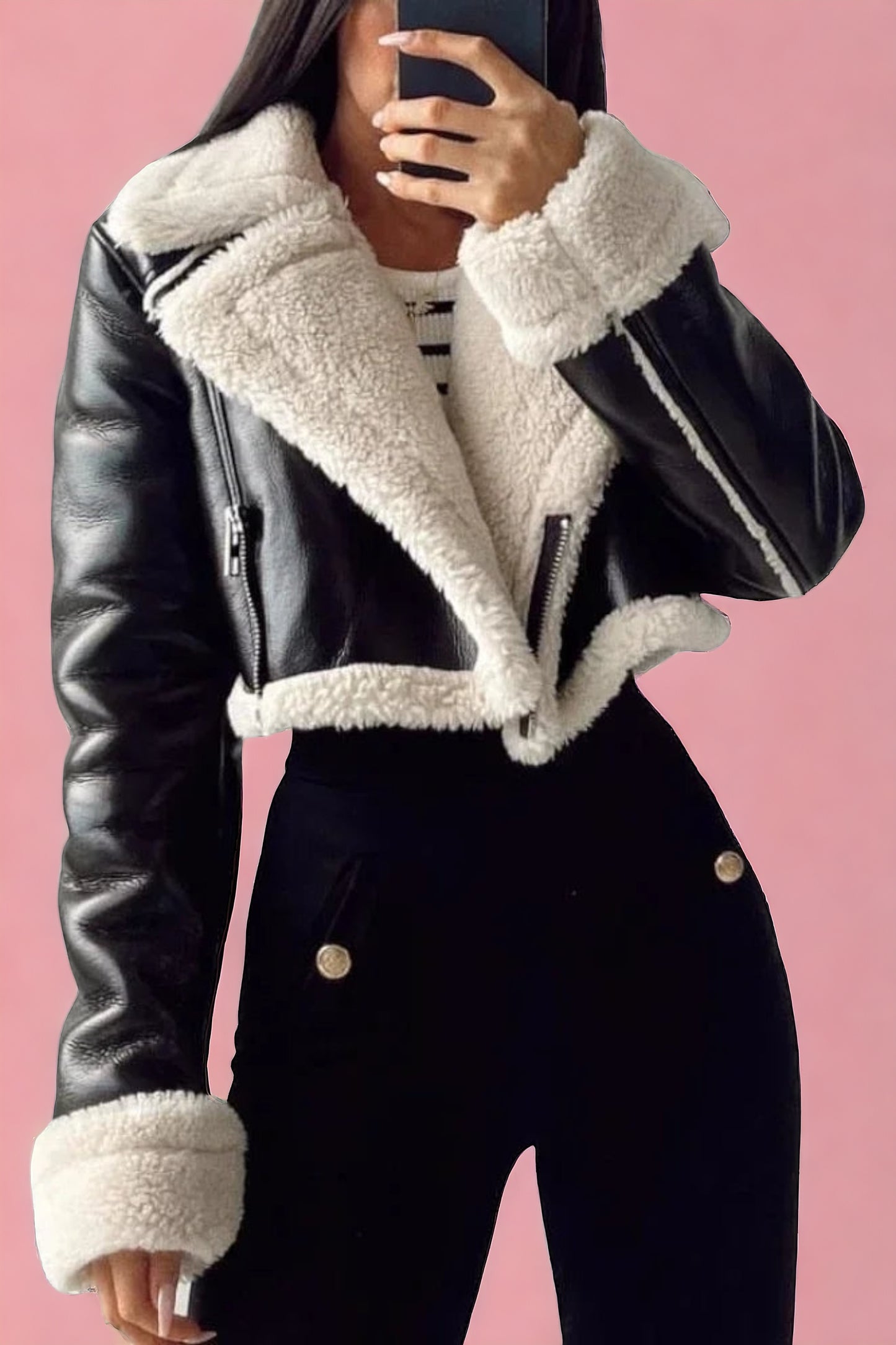 Kurze Gefütterte Jacke Kunstleder-Optik Winter Herbst XS-L
