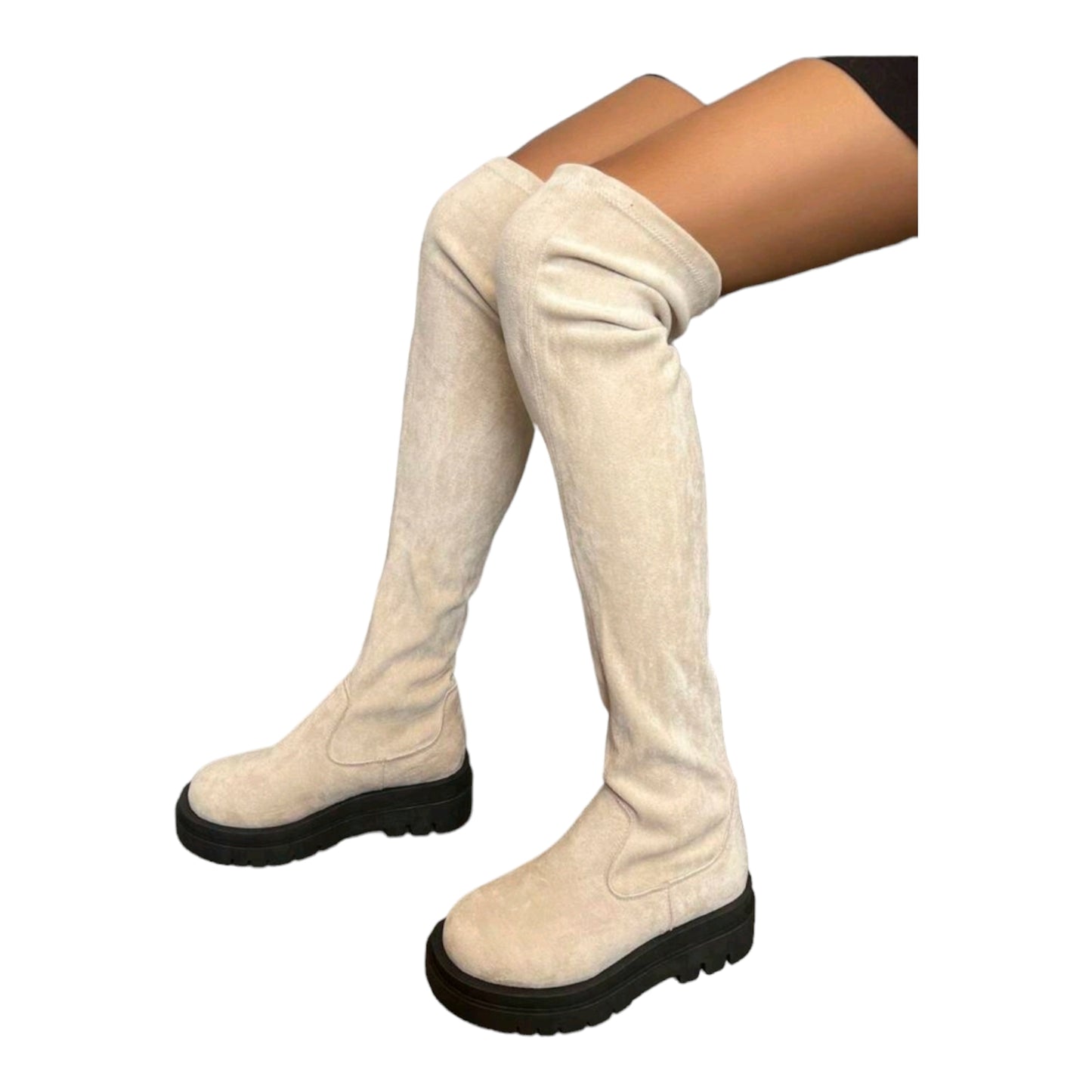Chuncky Platform Slipper Boots Stiefelette Stoff Elastisch Overknee-Stiefel