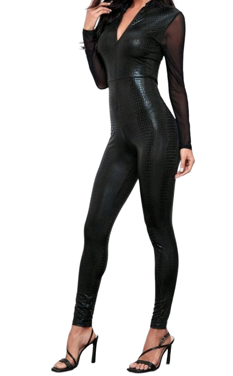Jumpsuit Overall Hose Glanz Netzstoffärmeln Krokodil Leder-Optik
