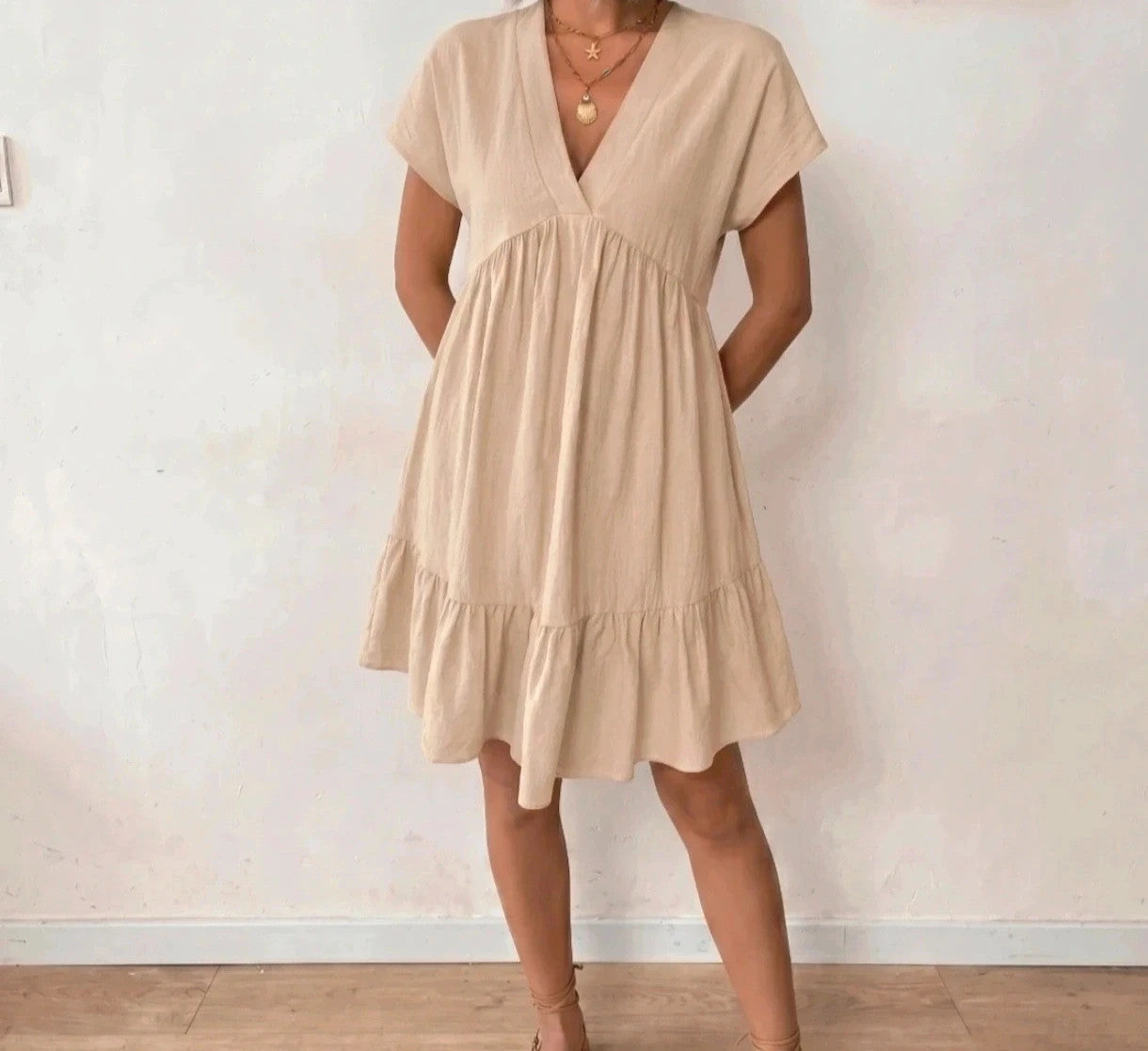 SheIn beige linen maxi dress untagged, relaxed fit, casual style, wrinkled from storage.