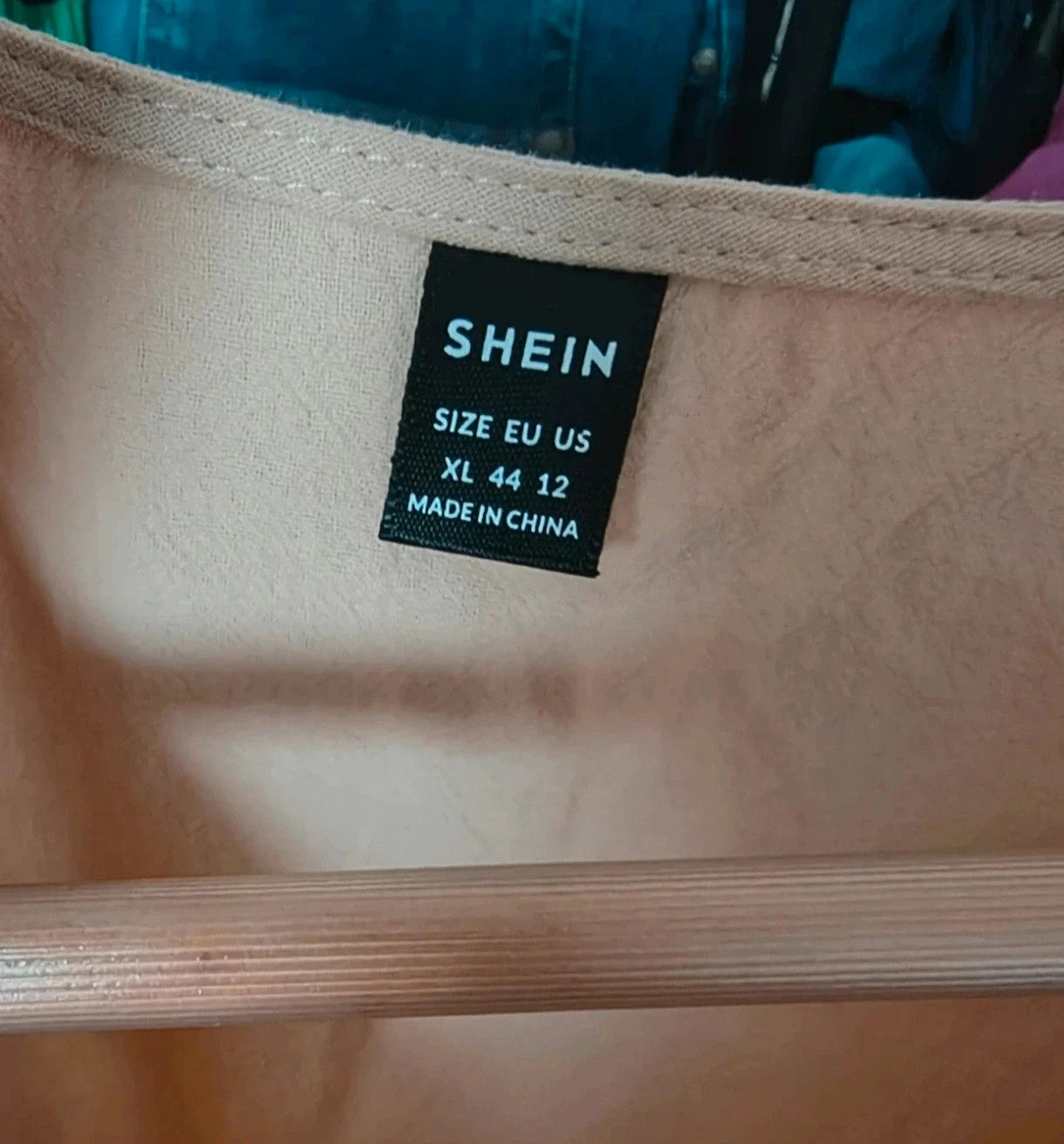 SheIn beige linen maxi dress untagged, relaxed fit, casual style, wrinkled from storage.