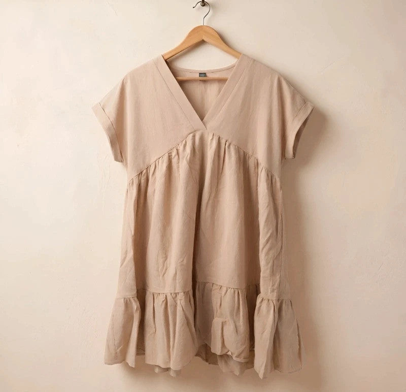 SheIn beige linen maxi dress untagged, relaxed fit, casual style, wrinkled from storage.