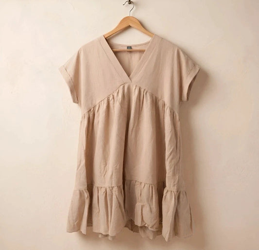 SheIn beige linen maxi dress untagged, relaxed fit, casual style, wrinkled from storage.