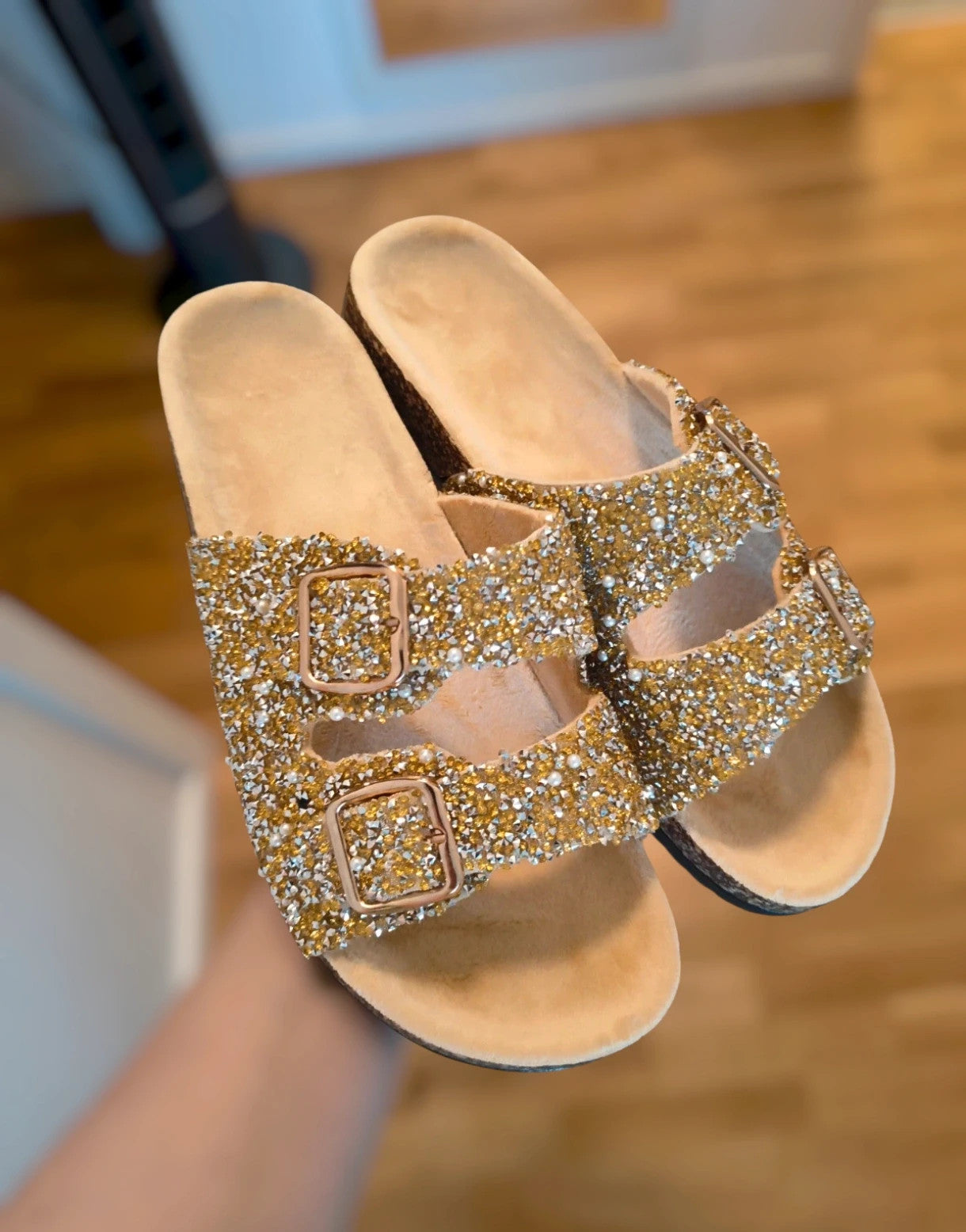ALS gold slides with glitter, synthetic material, and unique sparkling design.
