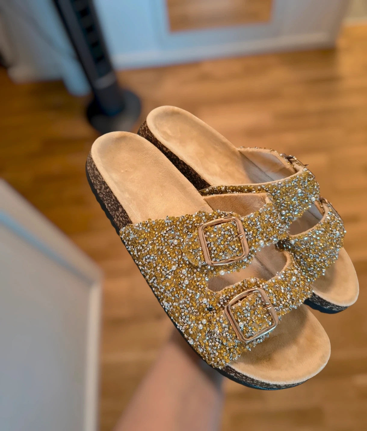 ALS gold slides with glitter, synthetic material, and unique sparkling design.