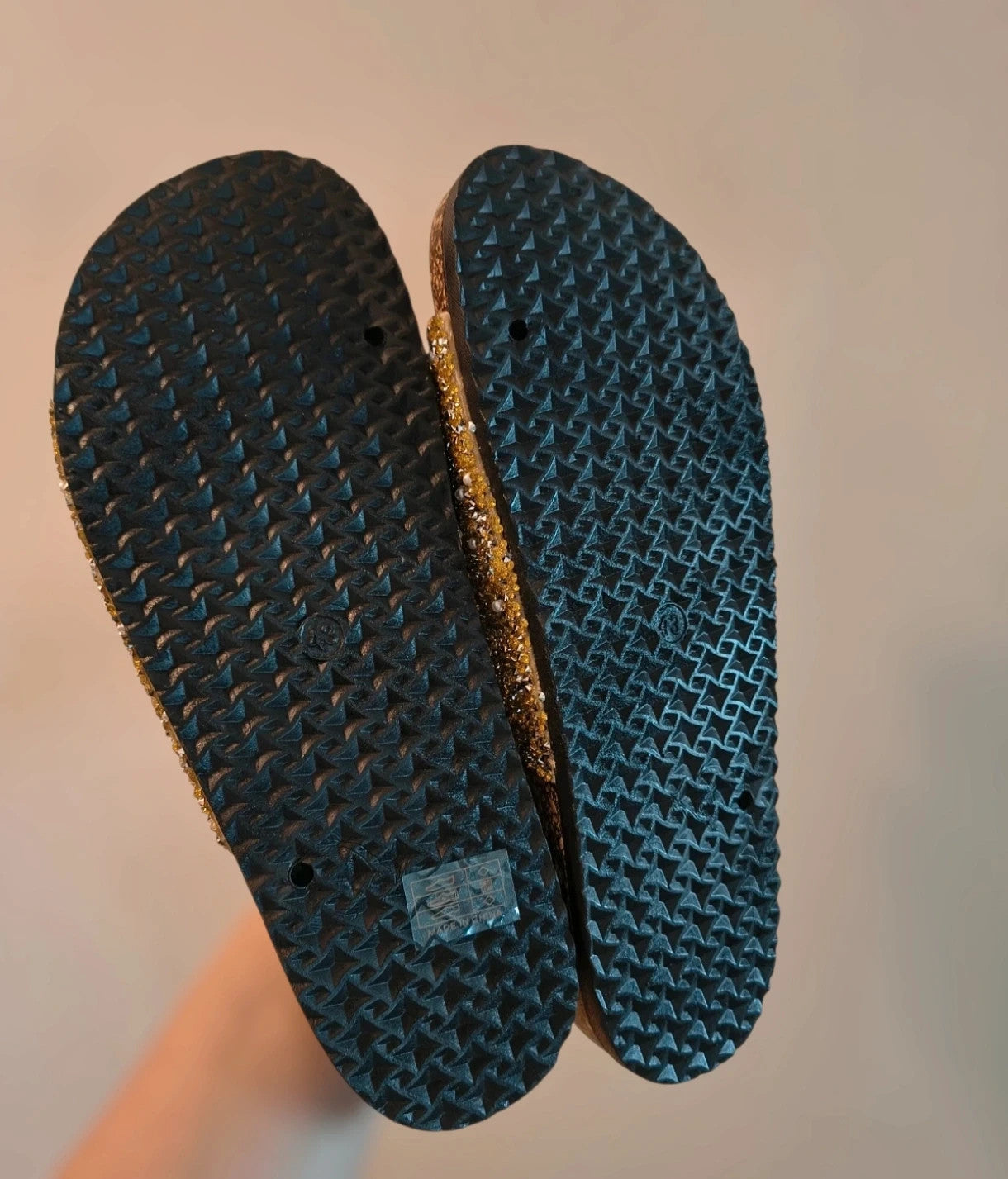 ALS gold slides with glitter, synthetic material, and unique sparkling design.