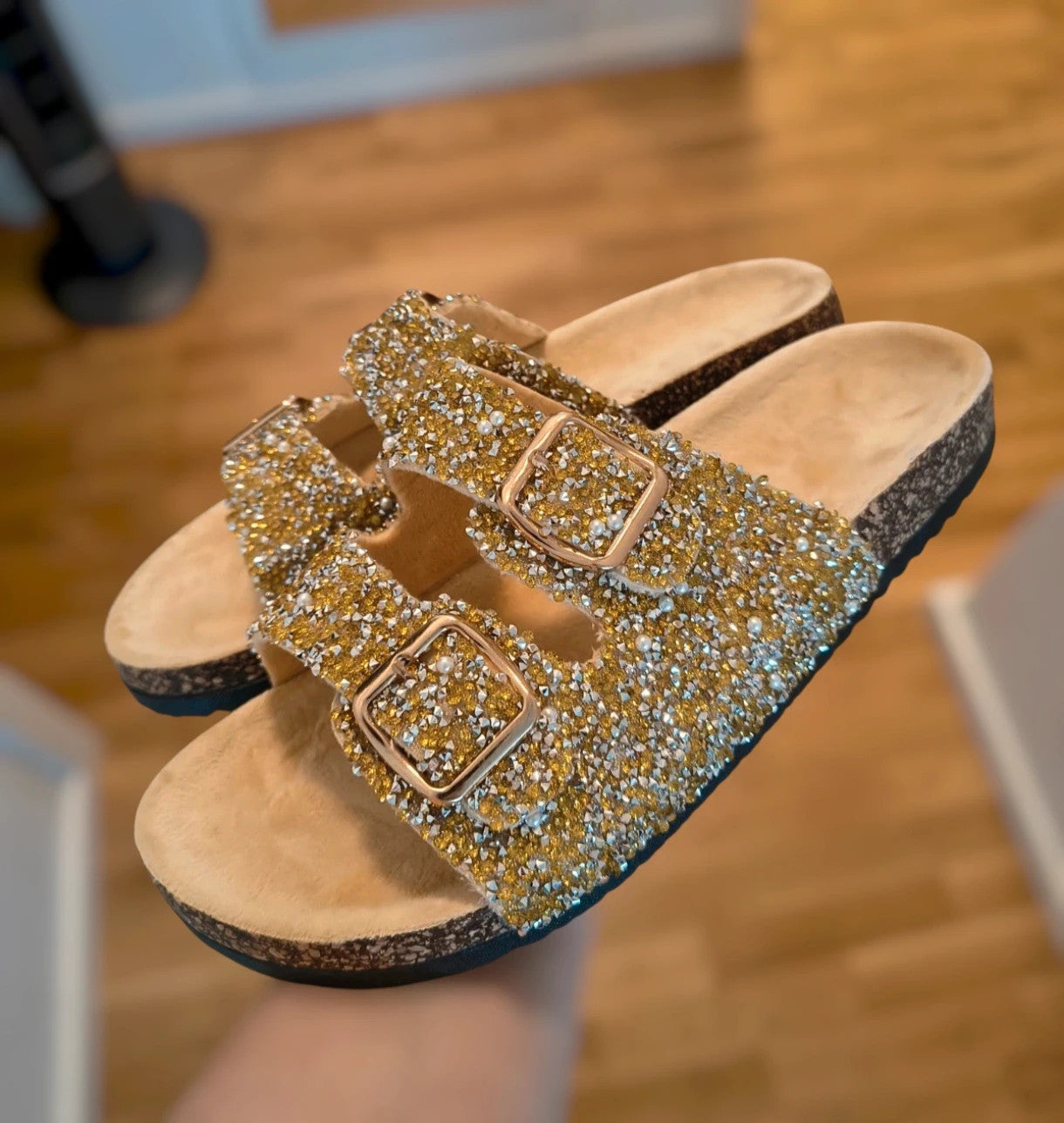 ALS gold slides with glitter, synthetic material, and unique sparkling design.