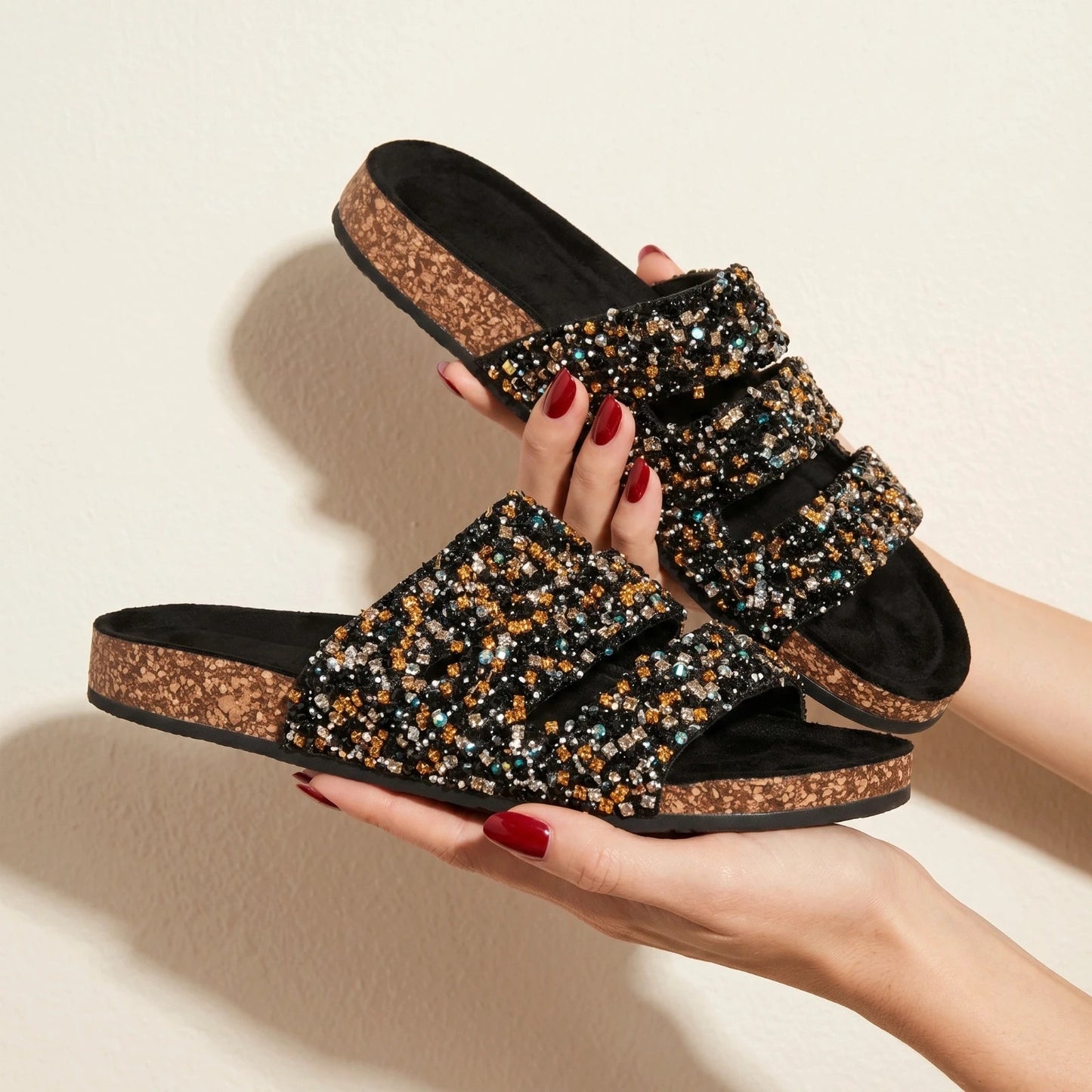 ALS black multi slides with glitter, synthetic material, and decorative details.