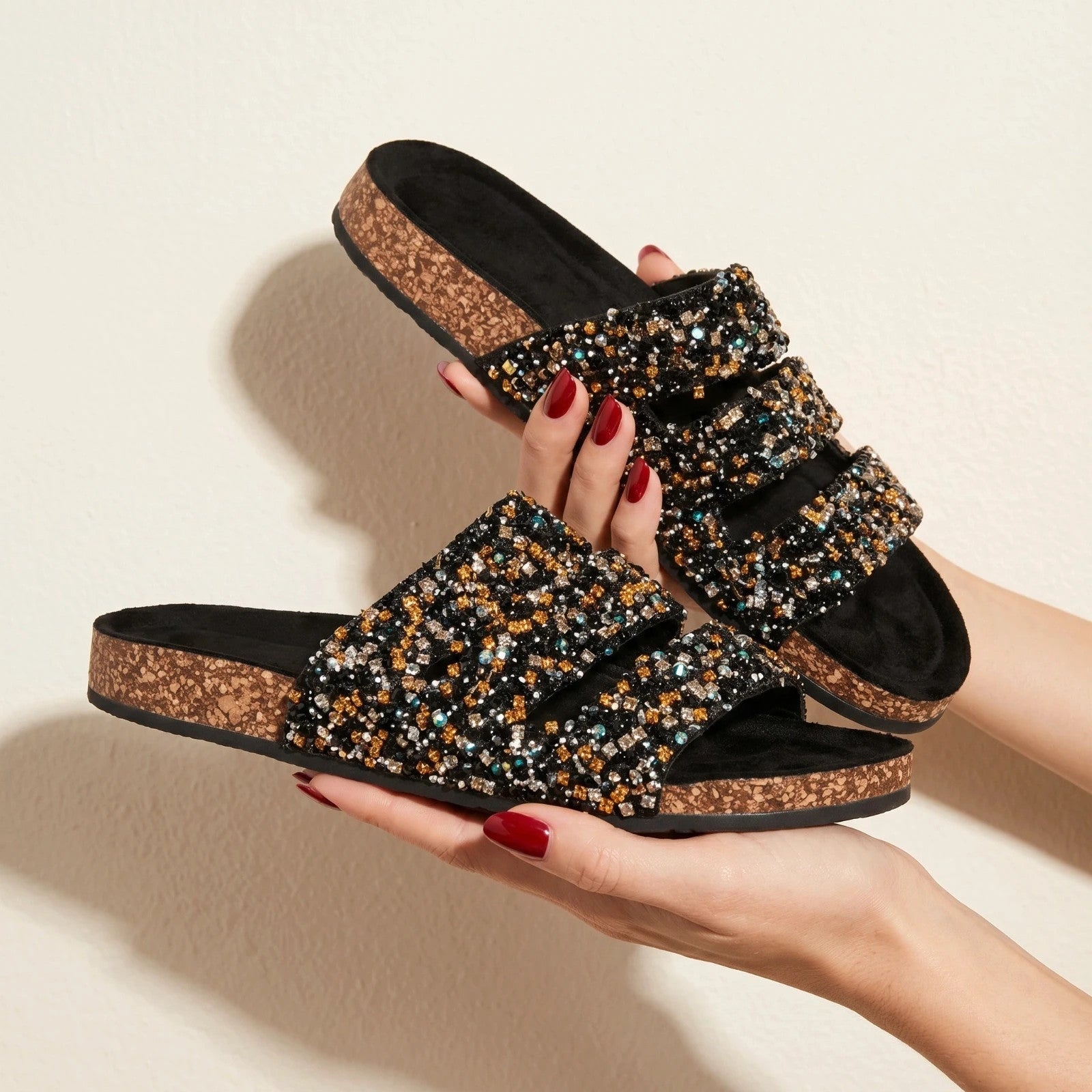 ALS black multi slides with glitter, synthetic material, and decorative details.
