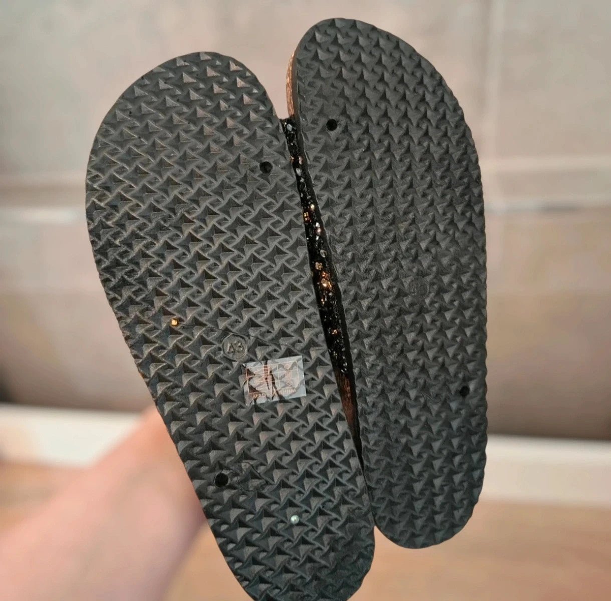 ALS black multi slides with glitter, synthetic material, and decorative details.