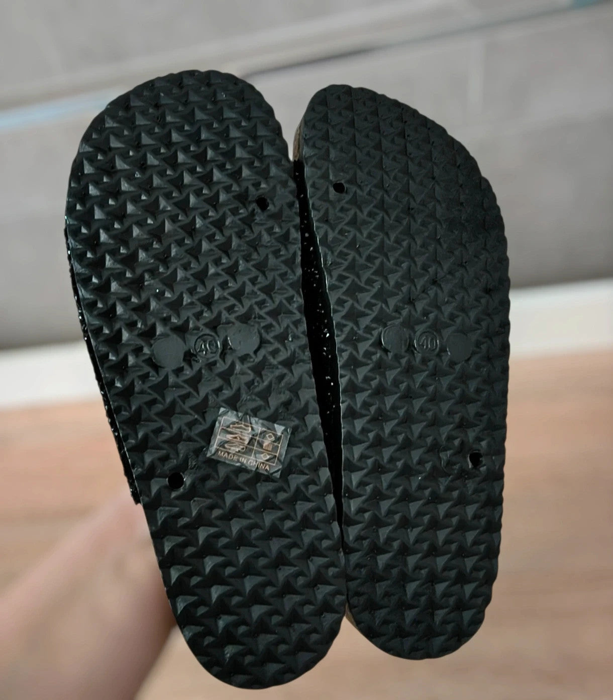 ALS black multi slides with glitter, synthetic material, and decorative details.