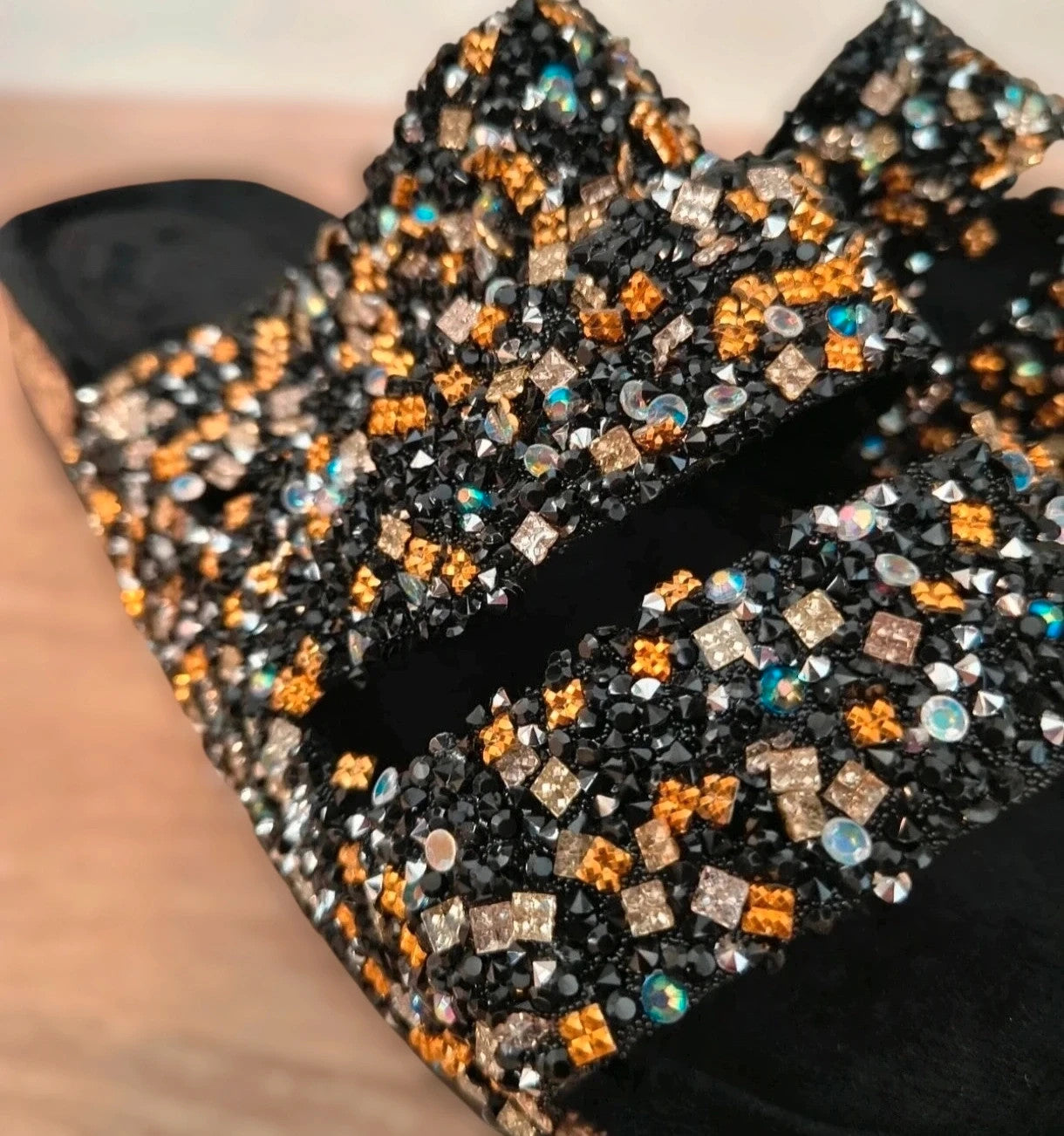 ALS black multi slides with glitter, synthetic material, and decorative details.
