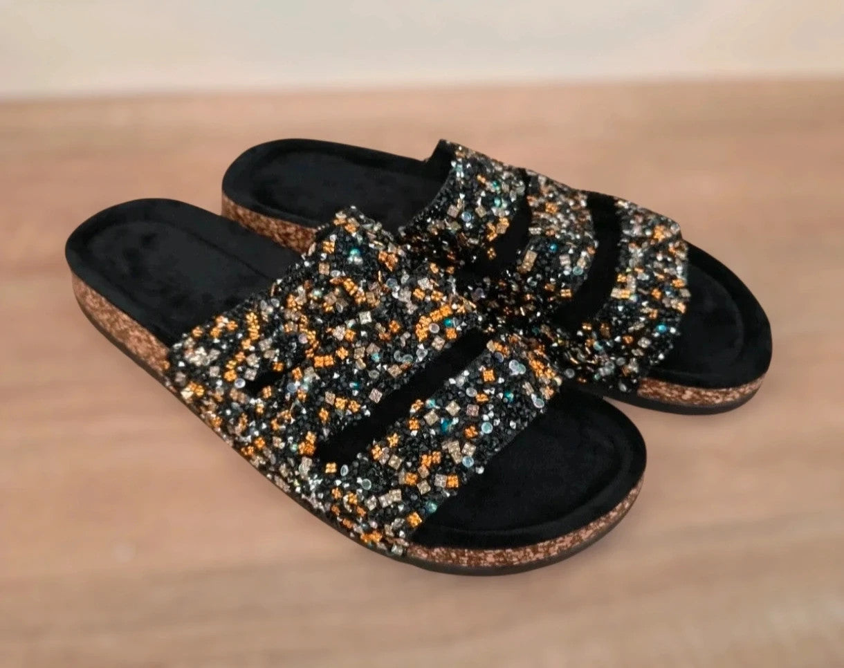 ALS black multi slides with glitter, synthetic material, and decorative details.