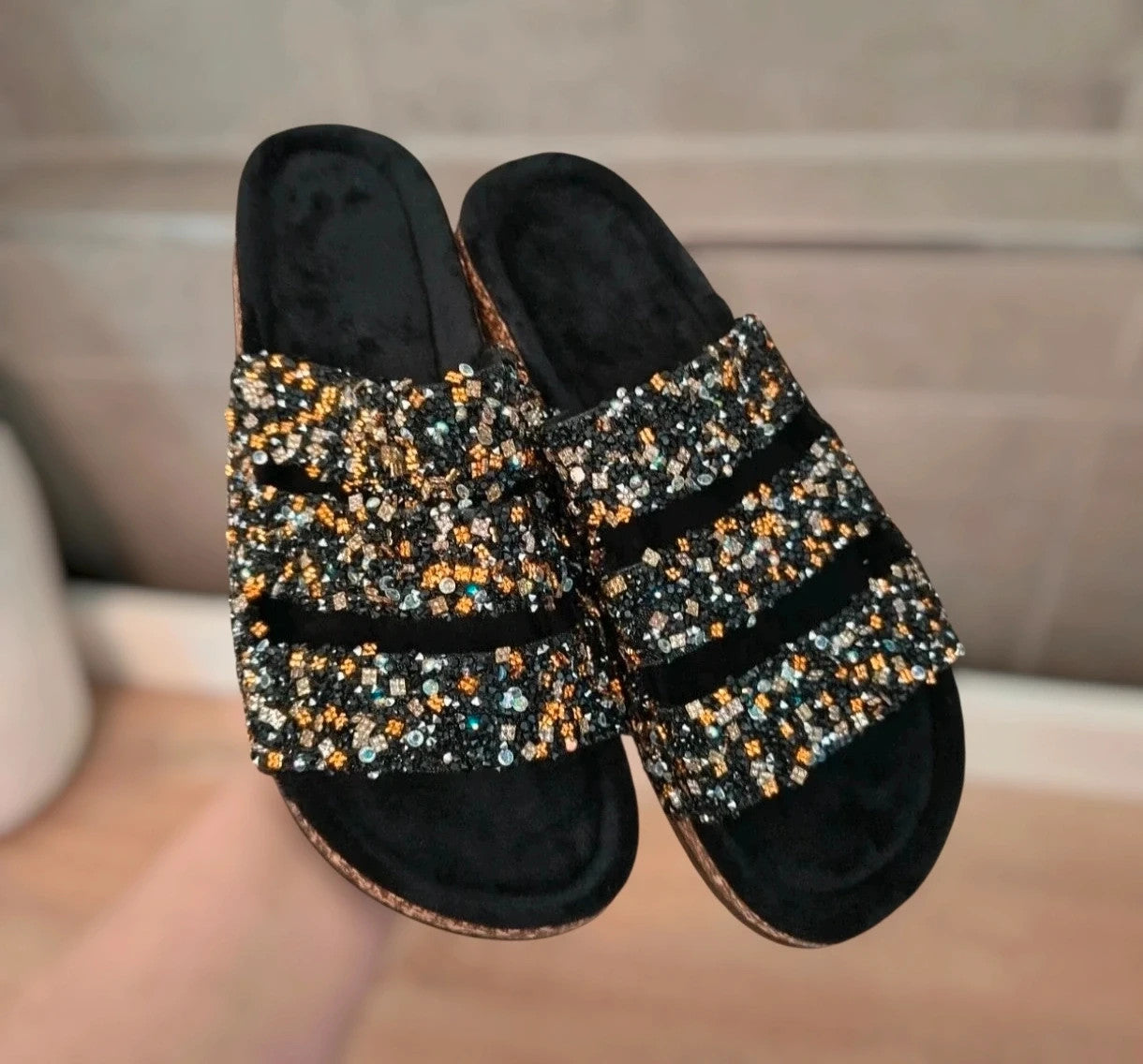 ALS black multi slides with glitter, synthetic material, and decorative details.