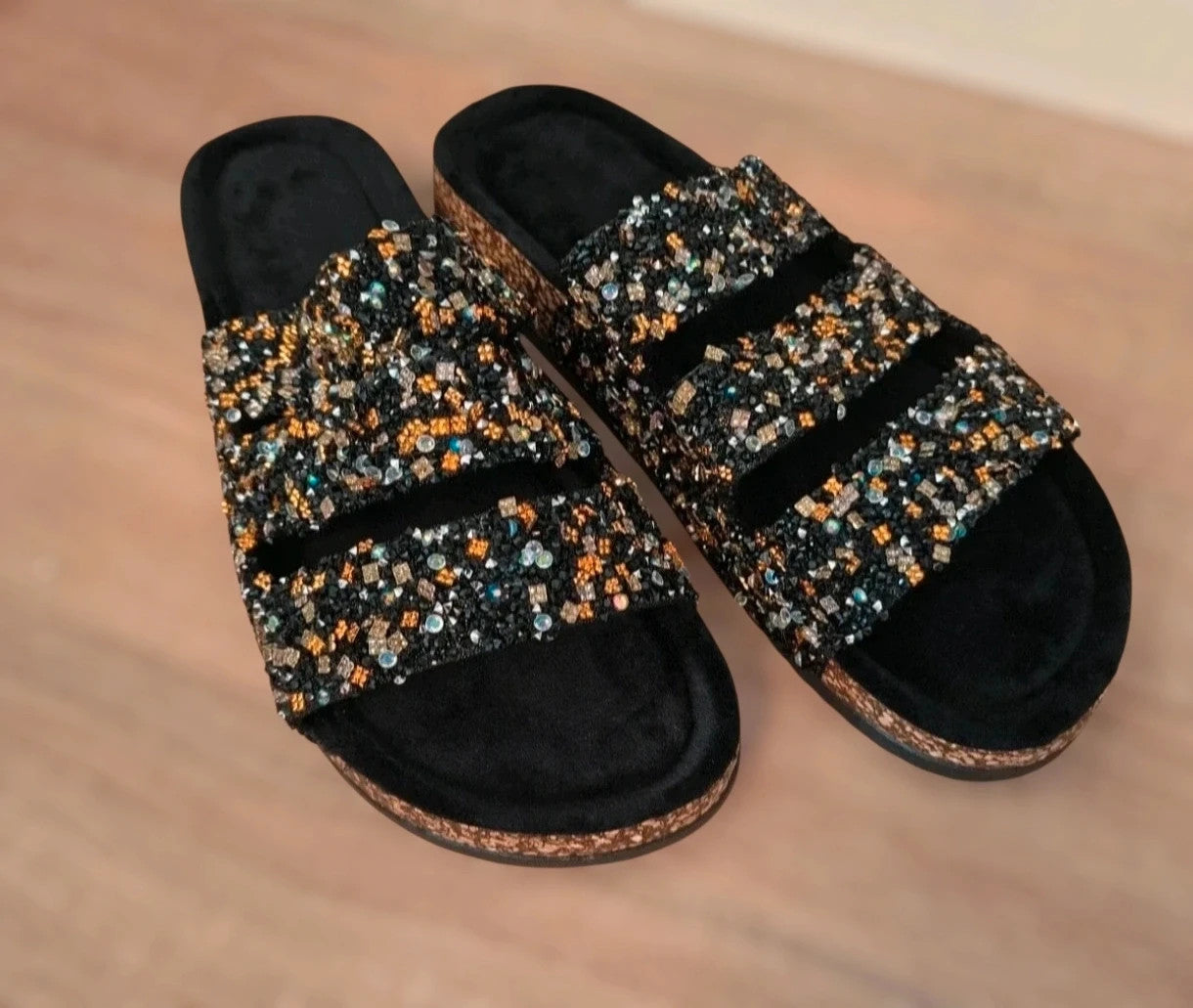 ALS black multi slides with glitter, synthetic material, and decorative details.