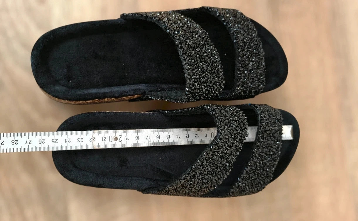 ALS black slides with glitter detail, synthetic material, size 39.