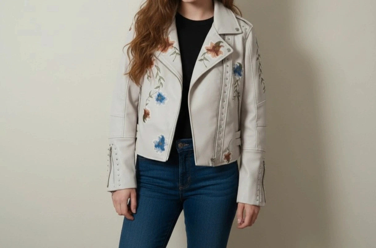 Brand New beige and orange biker jacket with floral pattern in synthetic material.