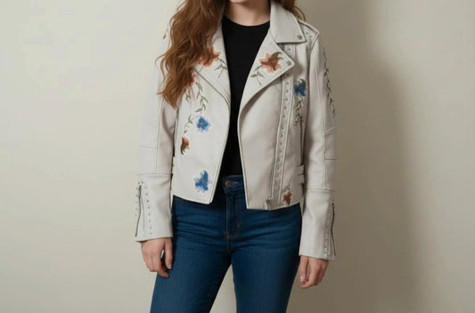 Brand New beige and orange biker jacket with floral pattern in synthetic material.