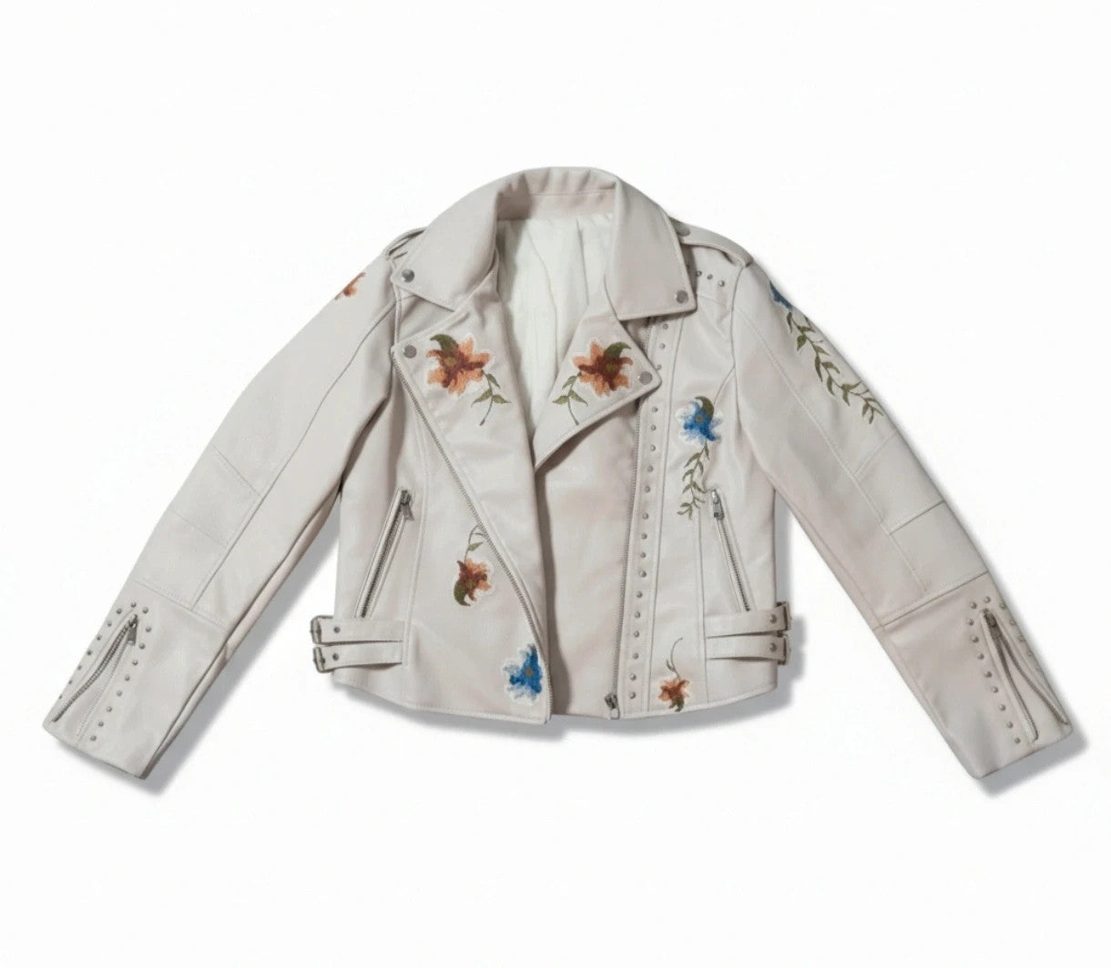 Brand New beige and orange biker jacket with floral pattern in synthetic material.