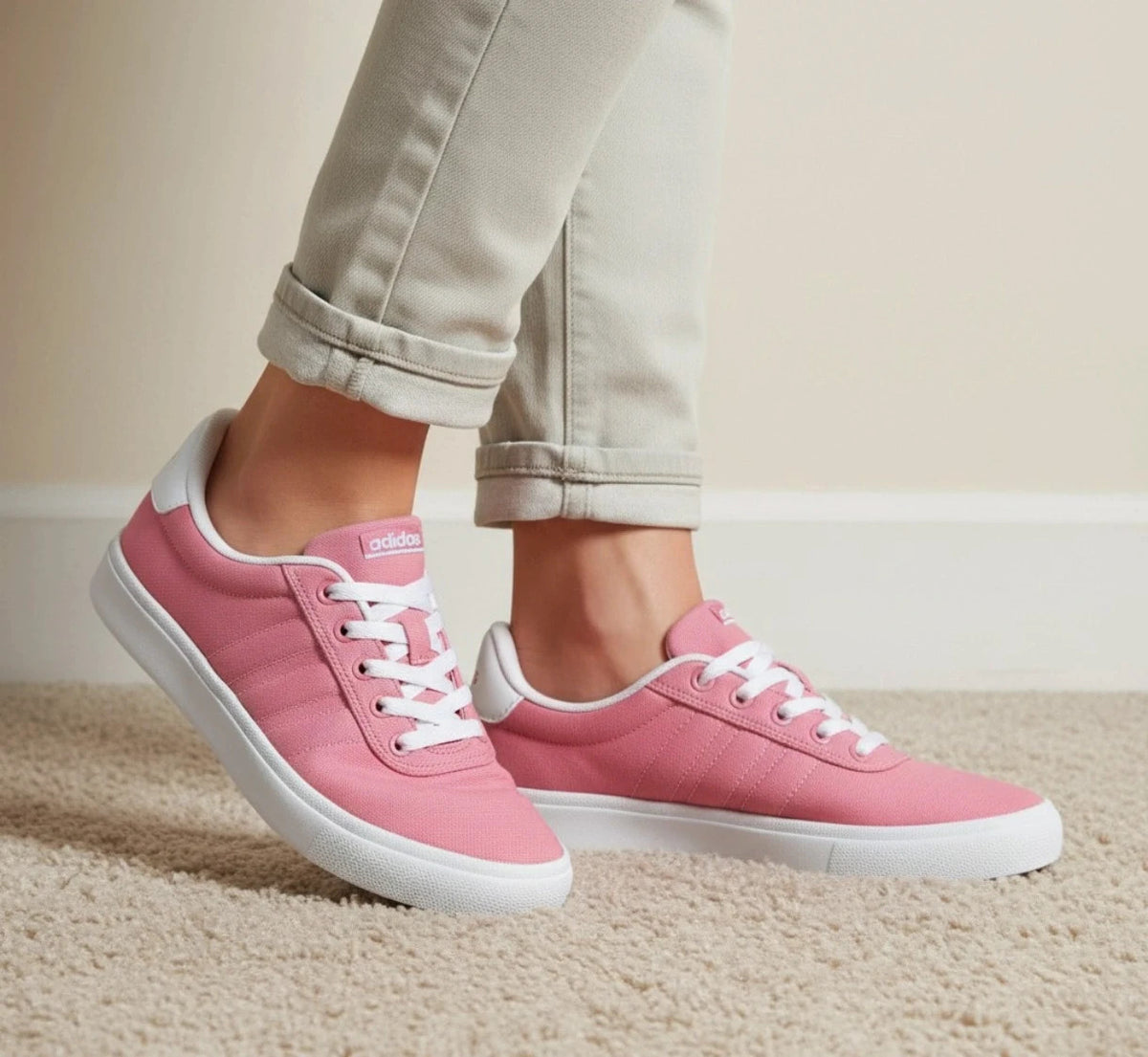 Adidas pink and white trainers with synthetic and textile materials, classic design.
