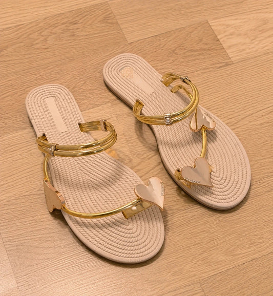 ALS beige and gold sandals with heart design, synthetic material, never worn.