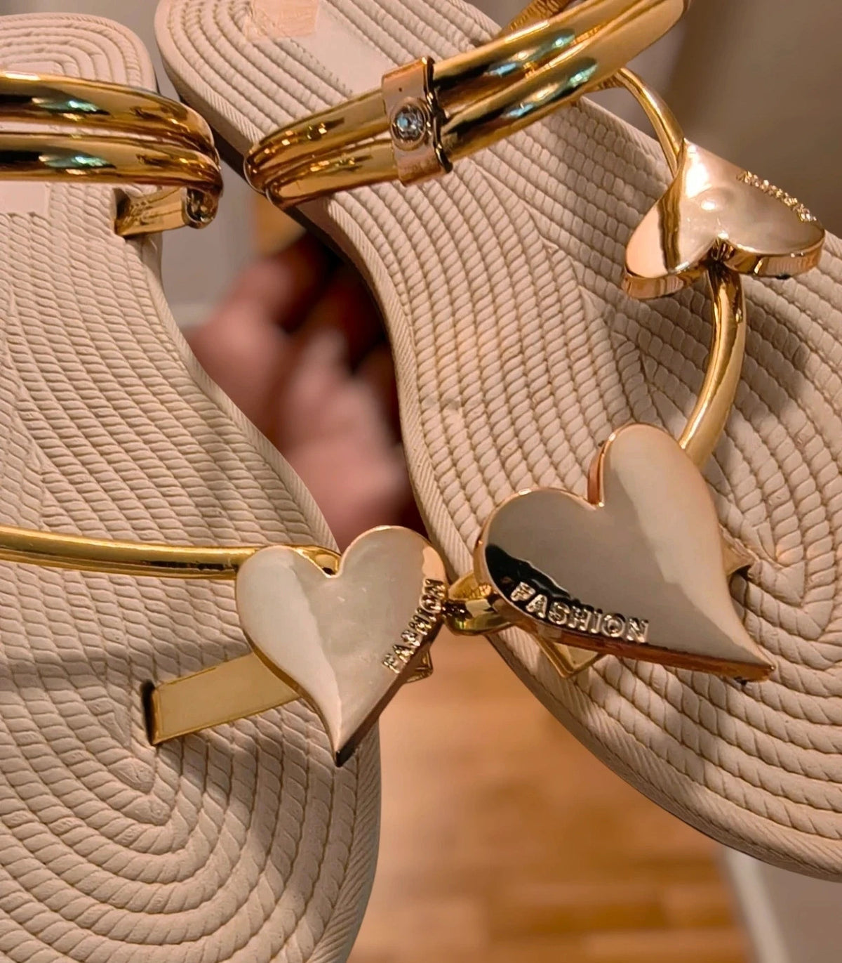ALS beige and gold sandals with heart design, synthetic material, never worn.