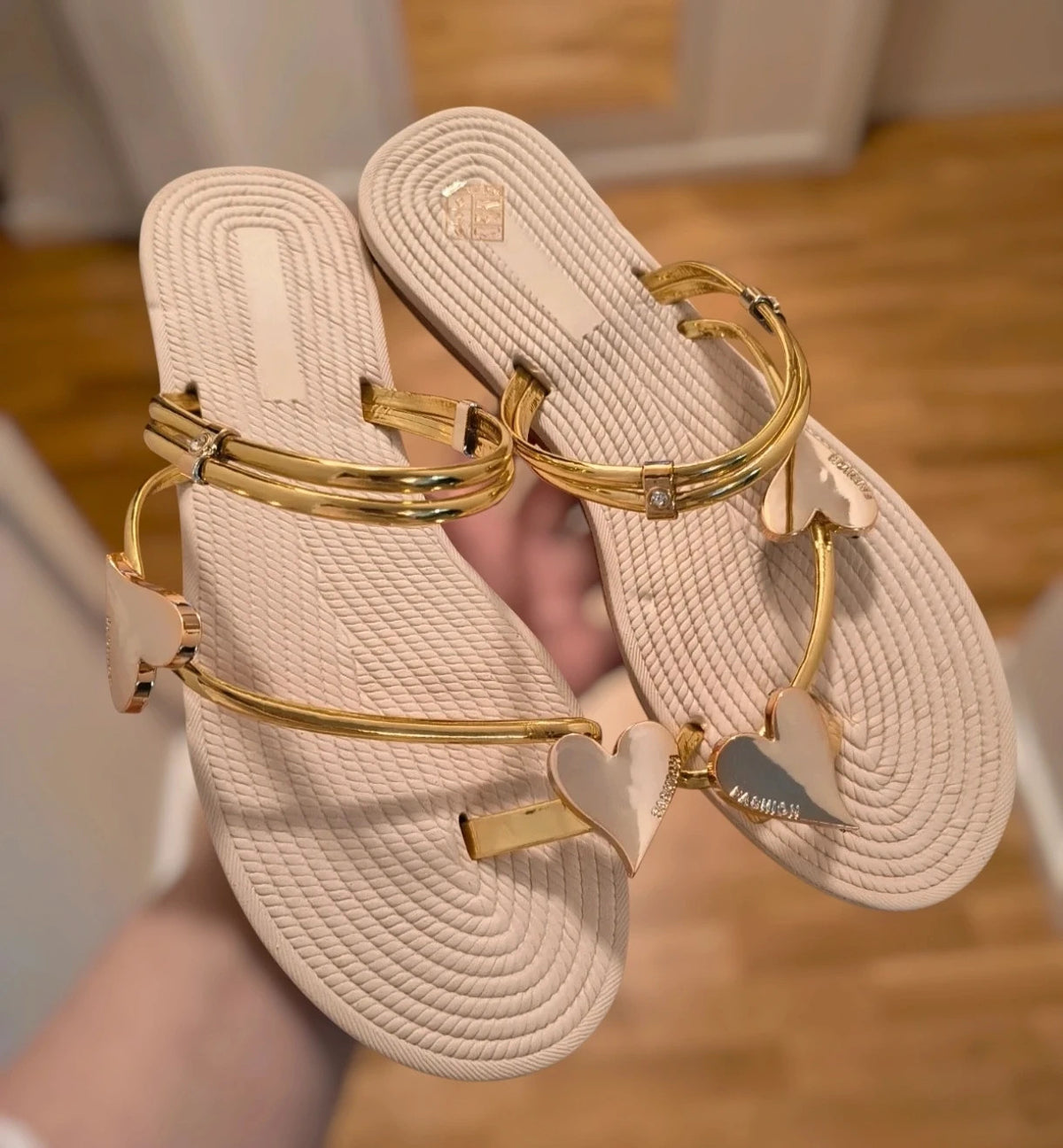 ALS beige and gold sandals with heart design, synthetic material, never worn.