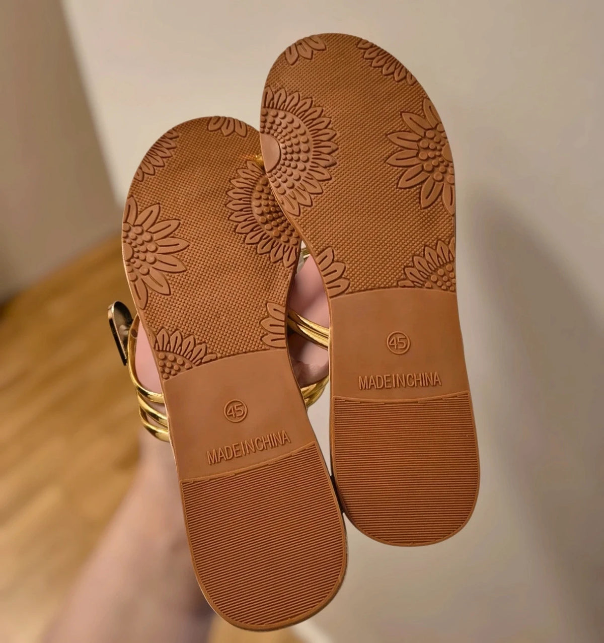 ALS beige and gold sandals with heart design, synthetic material, never worn.