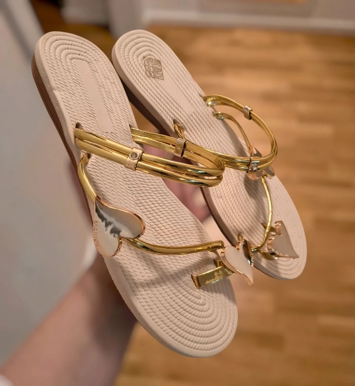 ALS beige and gold sandals with heart design, synthetic material, never worn.