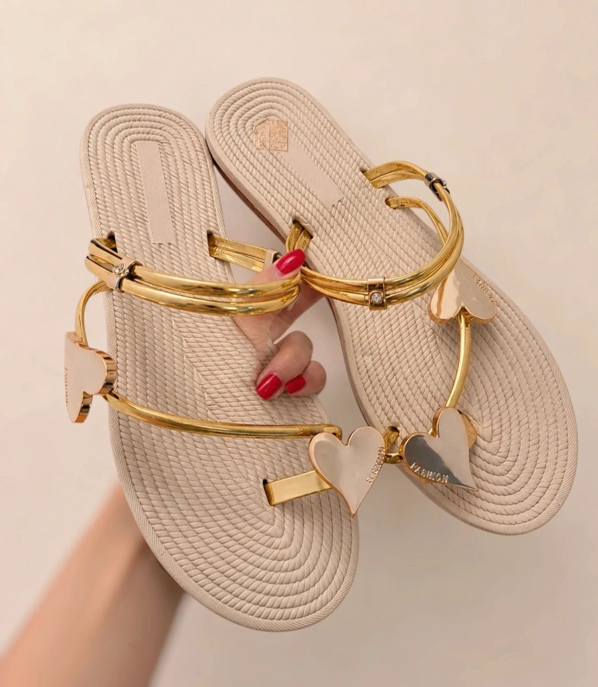 ALS beige and gold sandals with heart design, synthetic material, never worn.