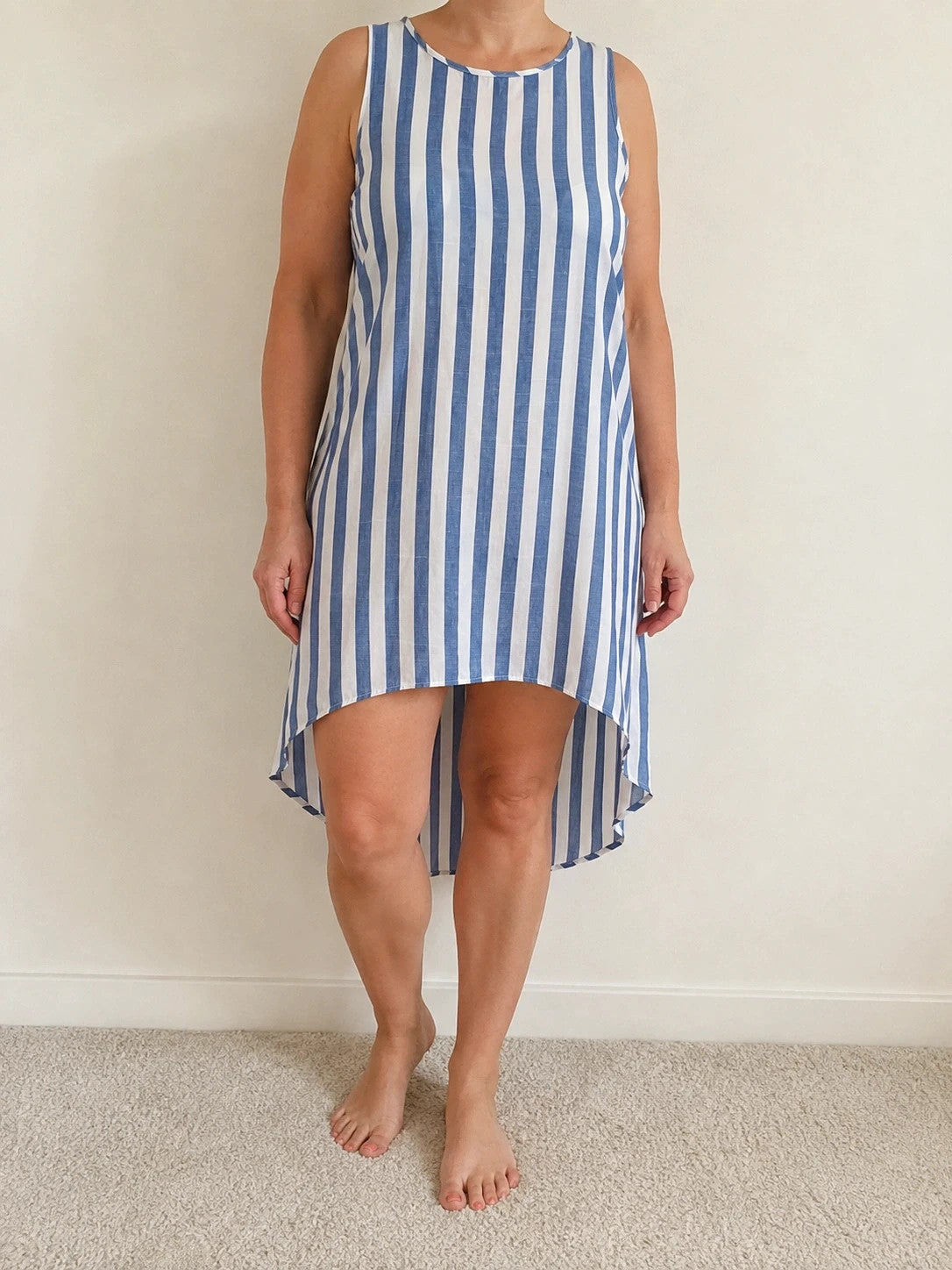 emery rose blue and white striped linen maxi dress, sleeveless, high-low hem, comfortable fit
