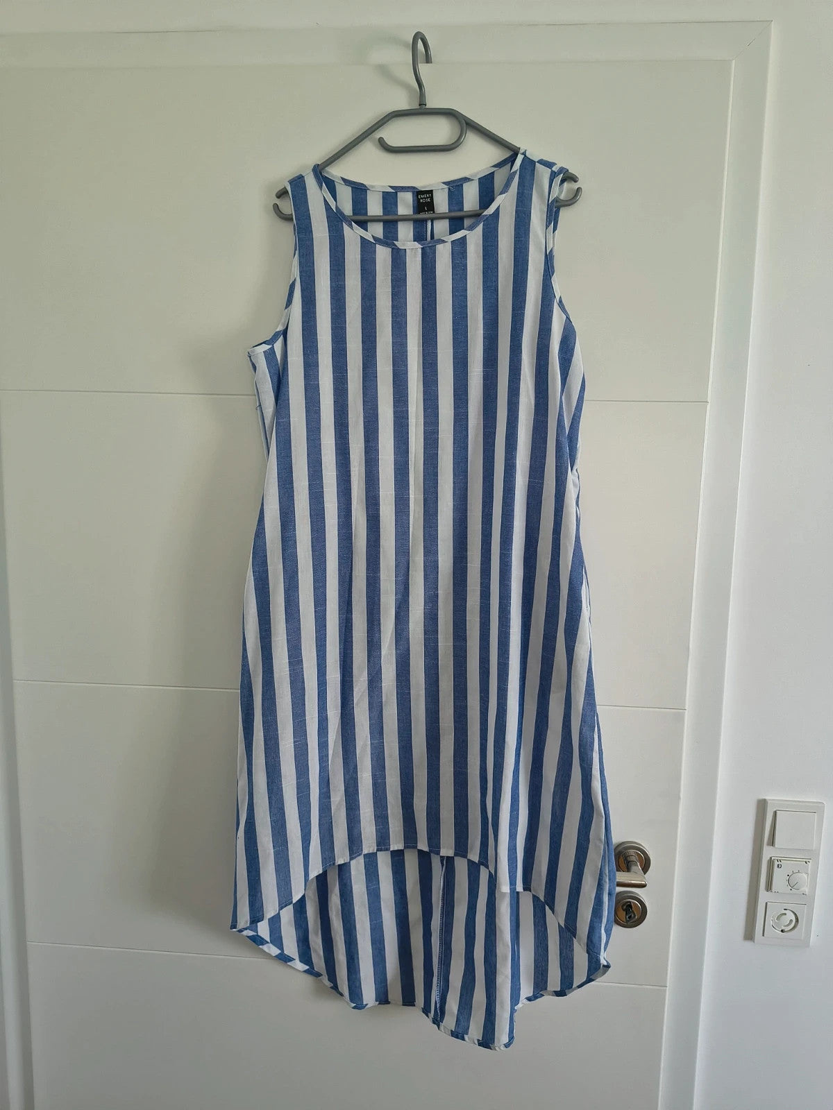emery rose blue and white striped linen maxi dress, sleeveless, high-low hem, comfortable fit