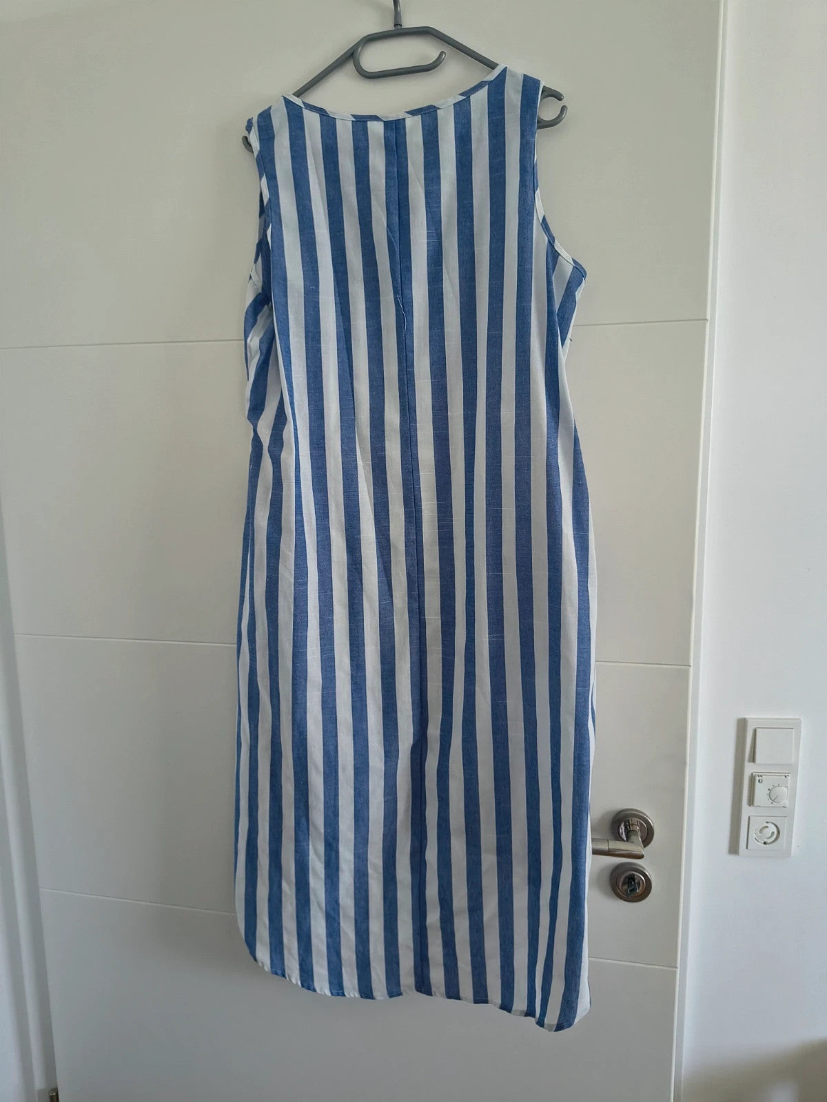 emery rose blue and white striped linen maxi dress, sleeveless, high-low hem, comfortable fit