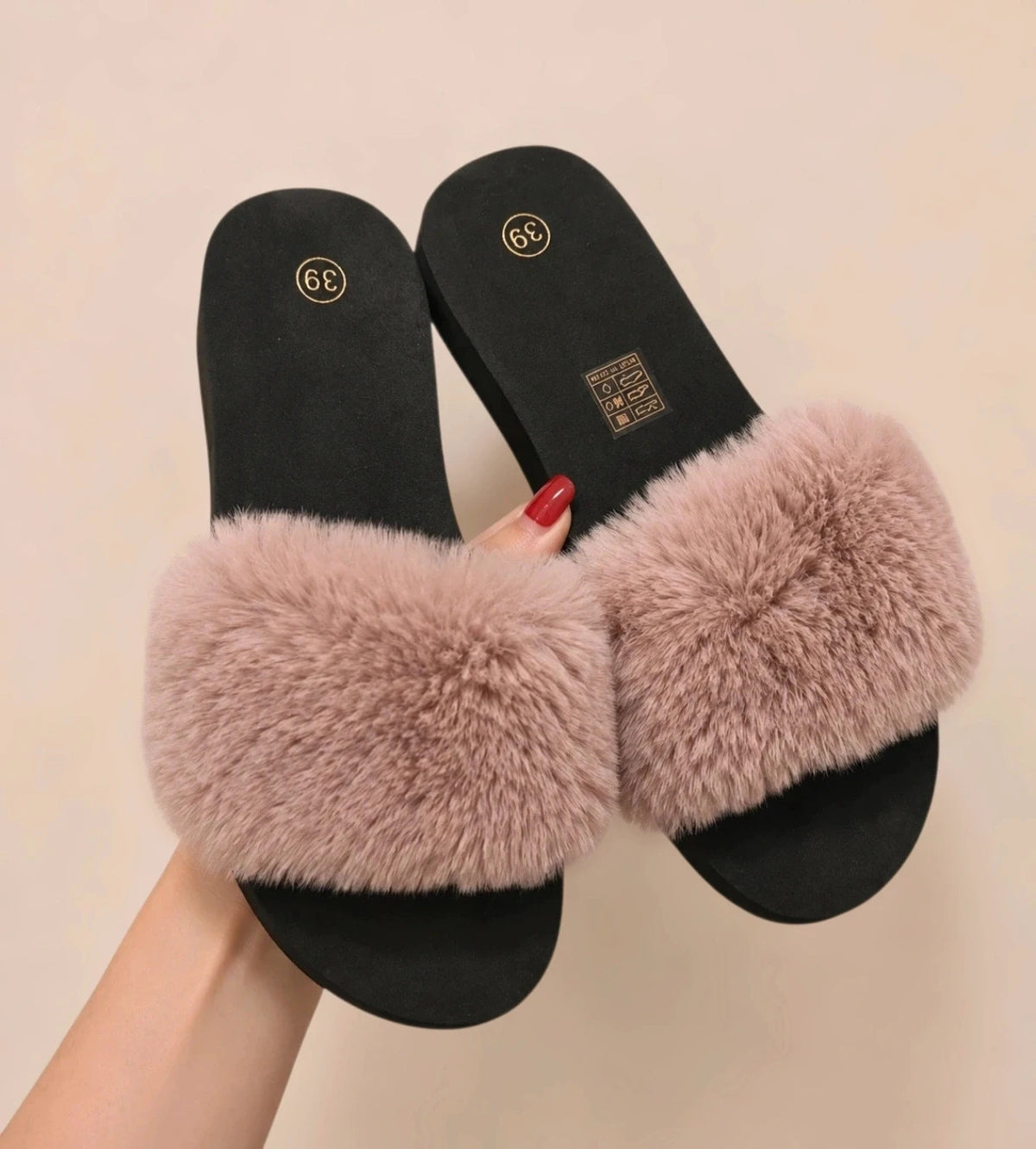 ALS black and pink slides with fluffy elements, synthetic material, size 38.