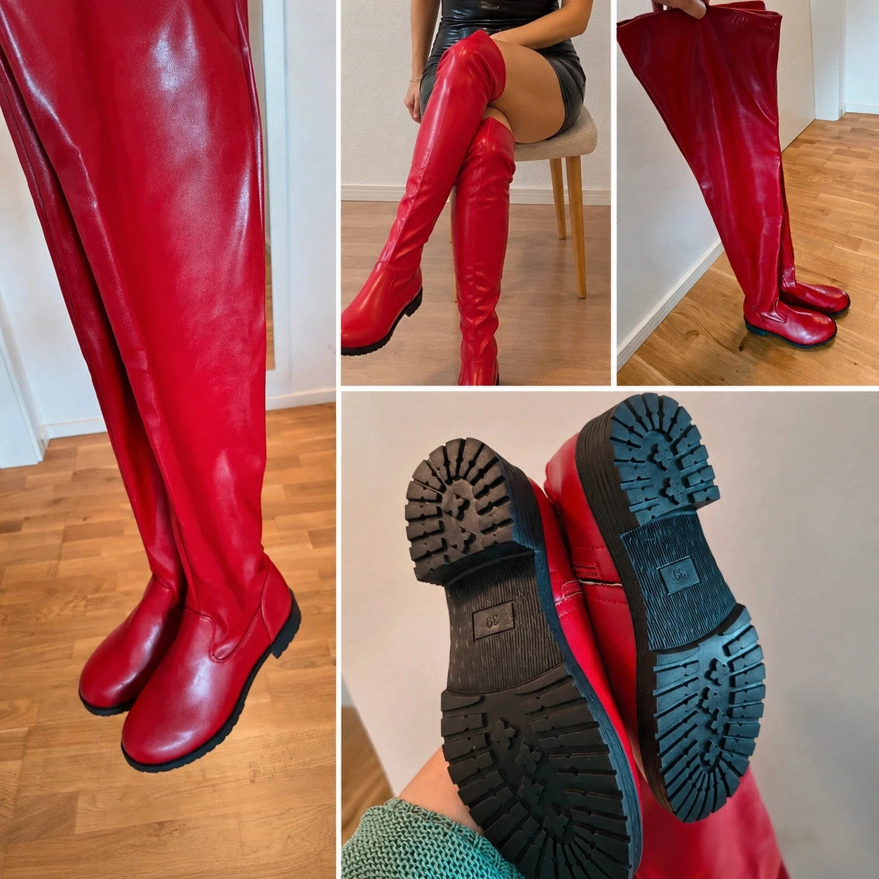 Elegante red overknee boots with high shaft and low block heel, timeless design.