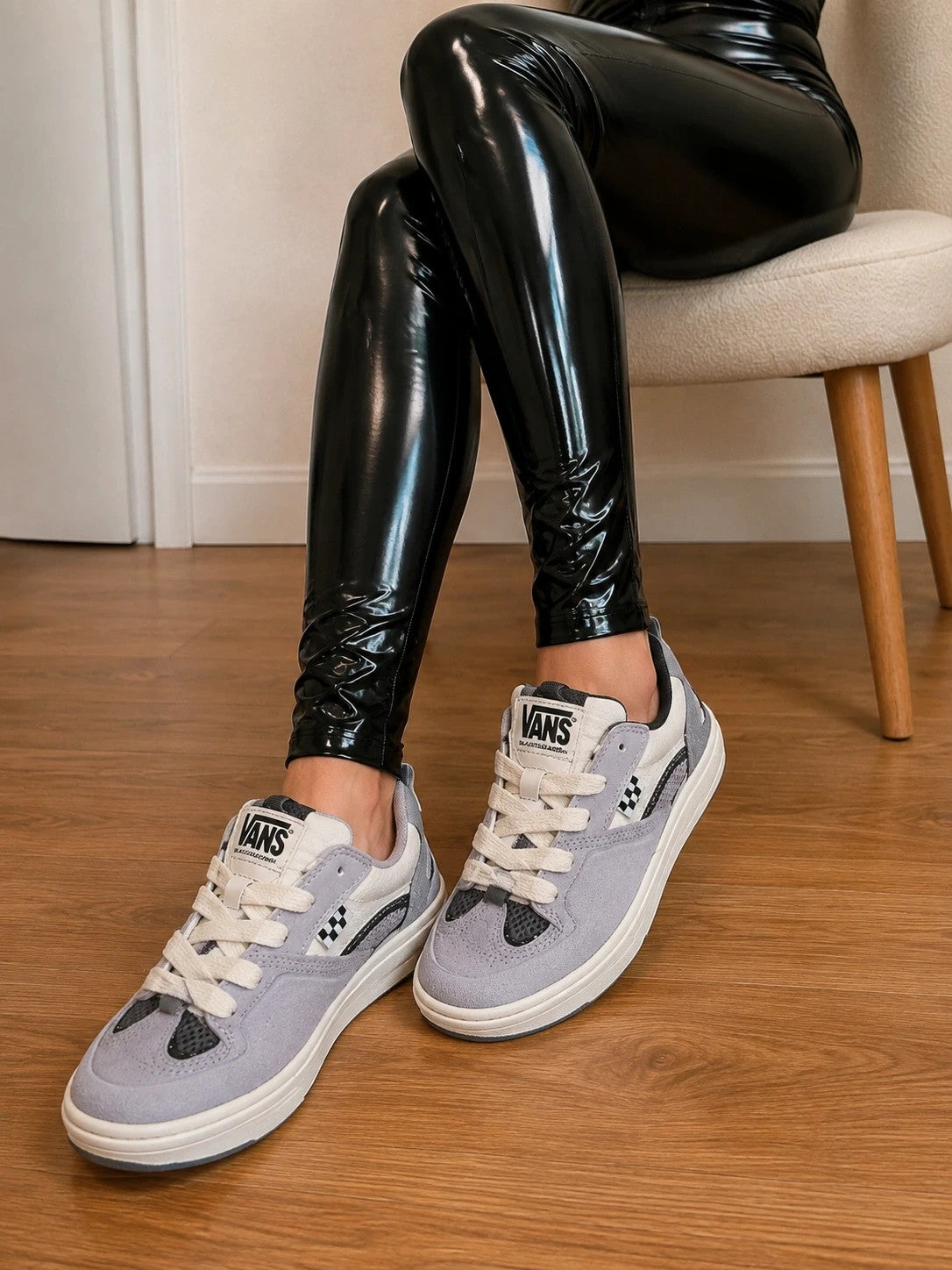 VANS grey and white sneakers with checkerboard detail and padded tongue, size 36.5.