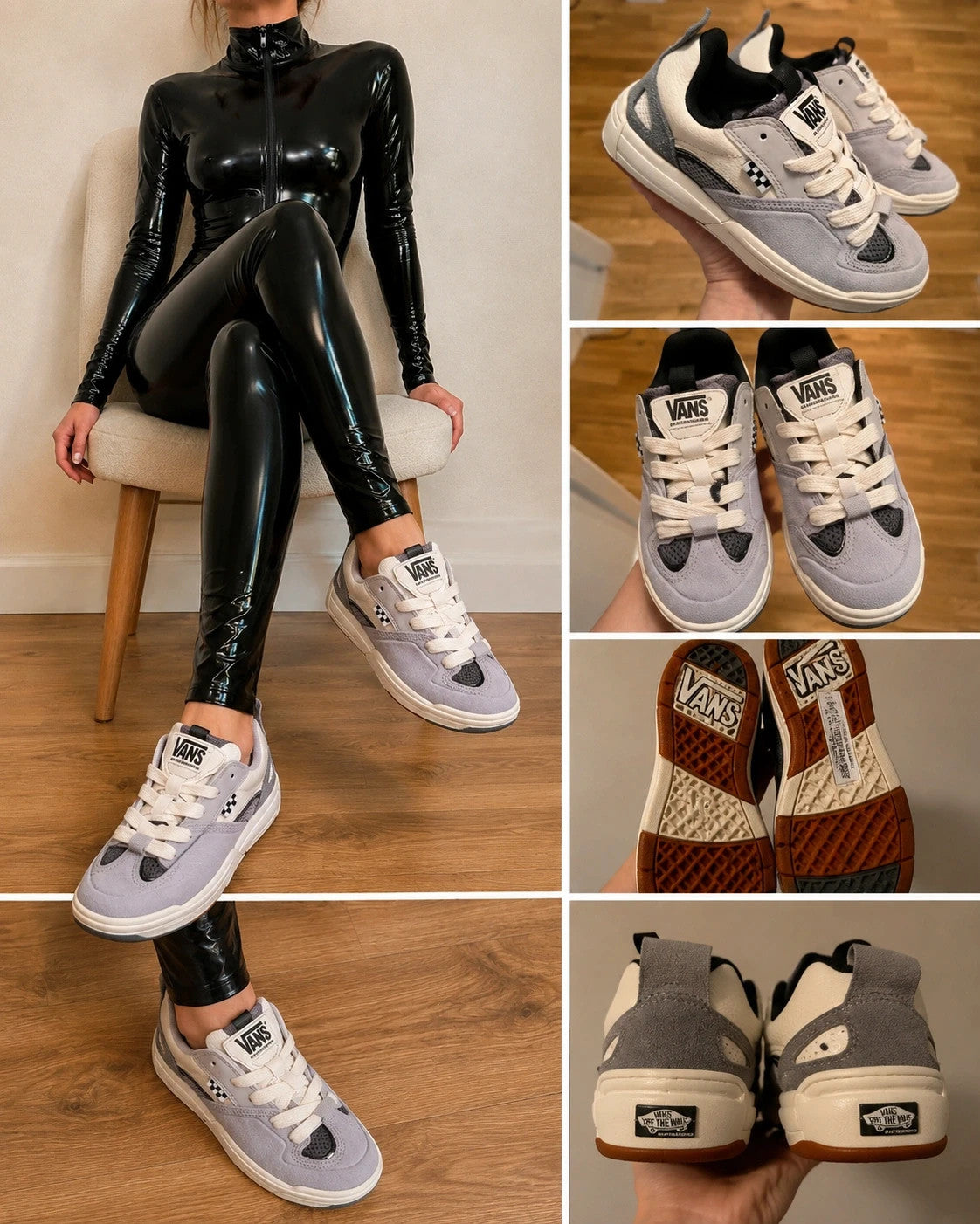 VANS grey and white sneakers with checkerboard detail and padded tongue, size 36.5.