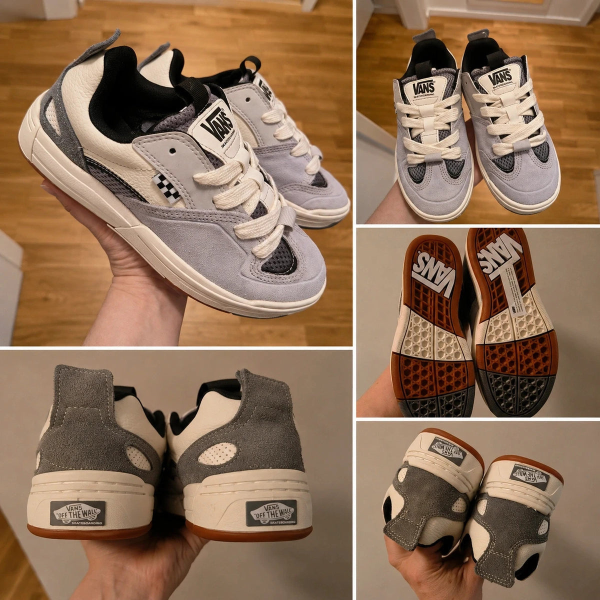 VANS grey and white sneakers with checkerboard detail and padded tongue, size 36.5.