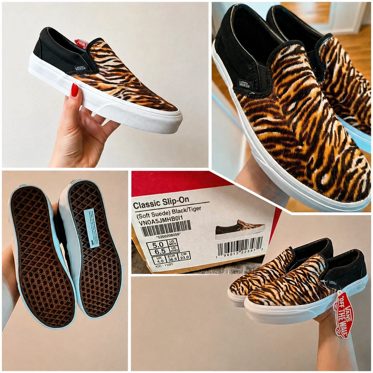 VANS Classic Slip-On sneakers black and brown soft suede with tiger pattern and white sole.