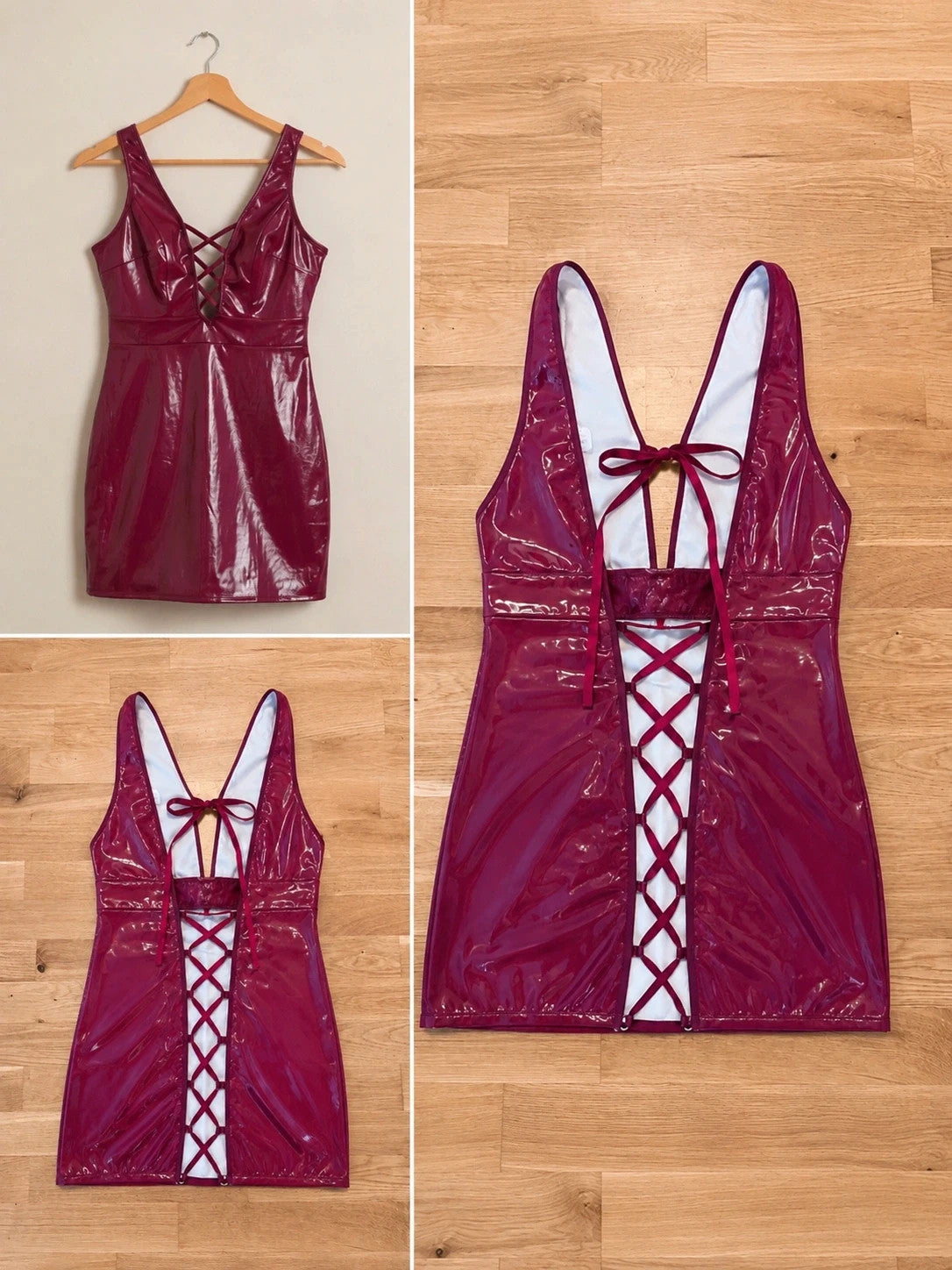 ALS burgundy bandage dress with shiny wetlook finish and decorative lacing details.