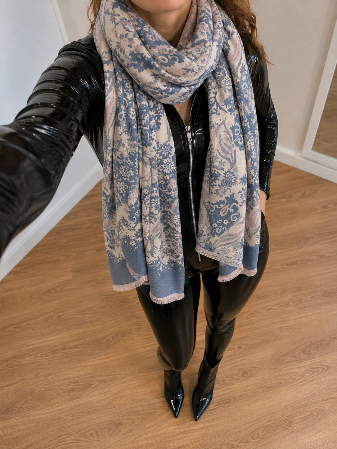 XXL beige blue scarf with decorative pattern and soft polyester material