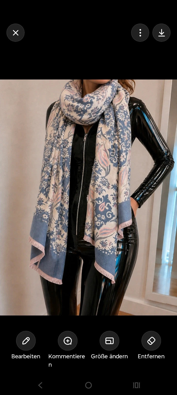 XXL beige blue scarf with decorative pattern and soft polyester material