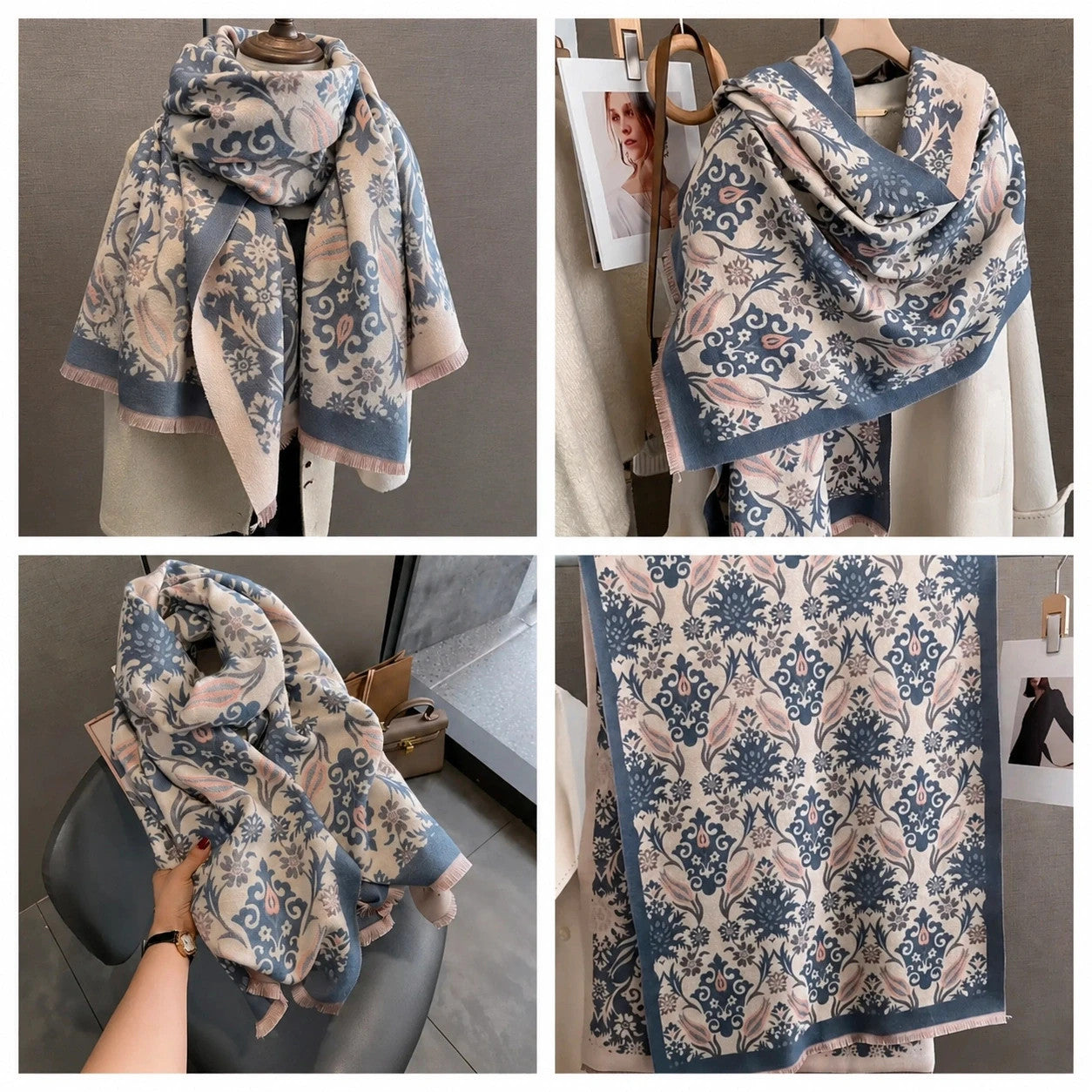 XXL beige blue scarf with decorative pattern and soft polyester material