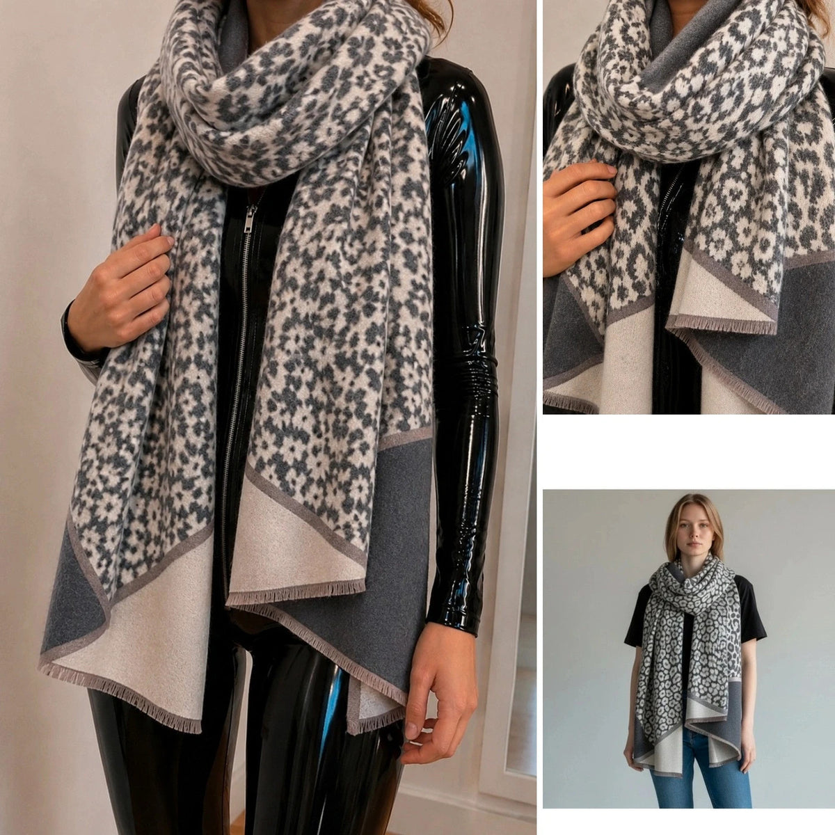 XXL shawl grey and cream clover pattern, soft 100% polyester fabric.