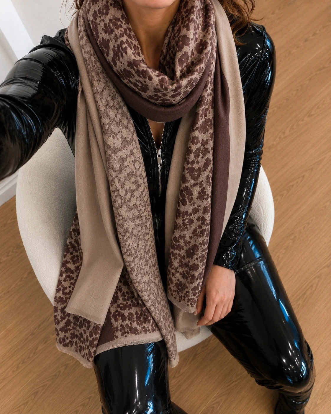 XXL beige and brown reversible shawl with patterned edges and soft fringe details.