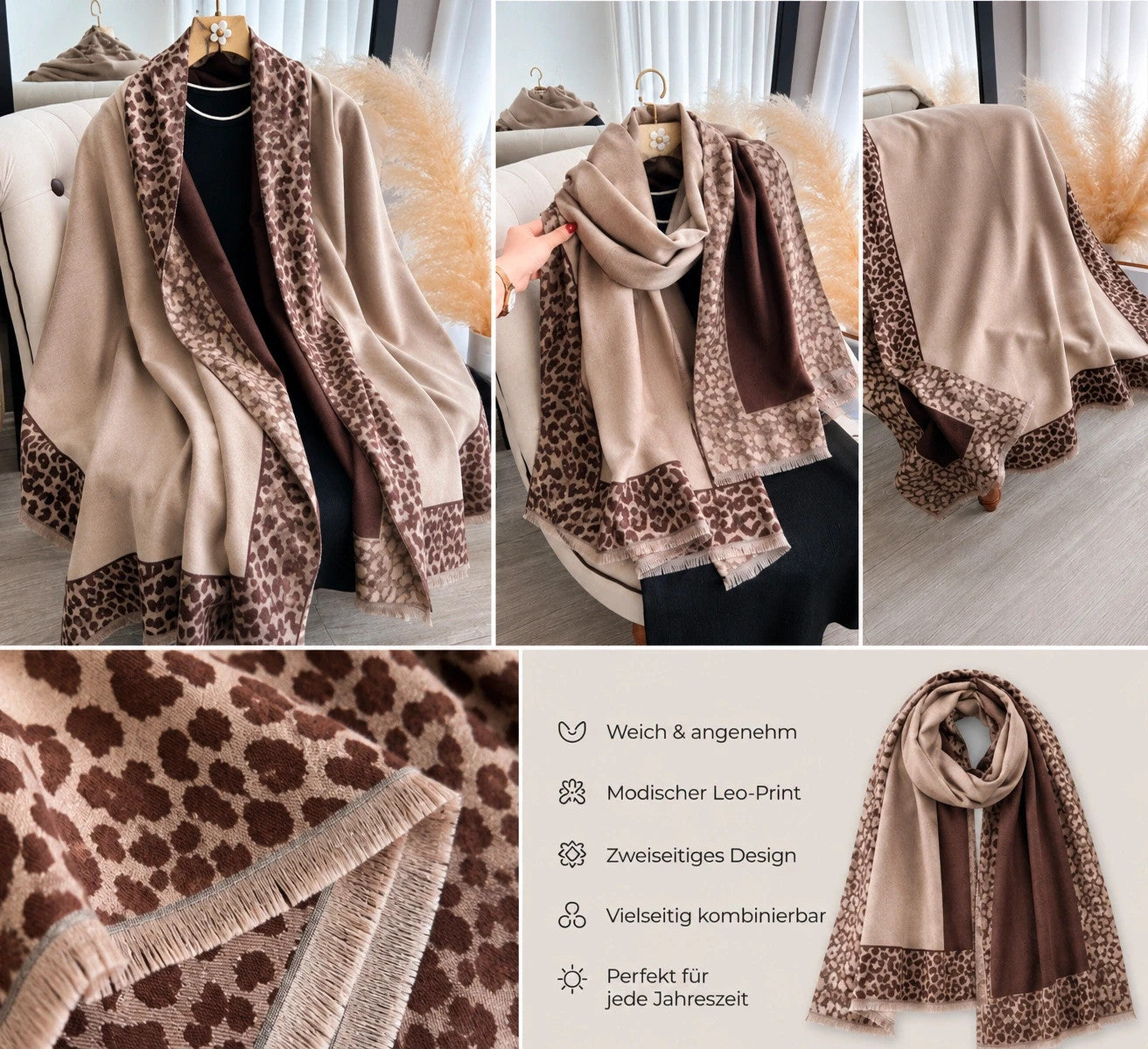 XXL beige and brown reversible shawl with patterned edges and soft fringe details.