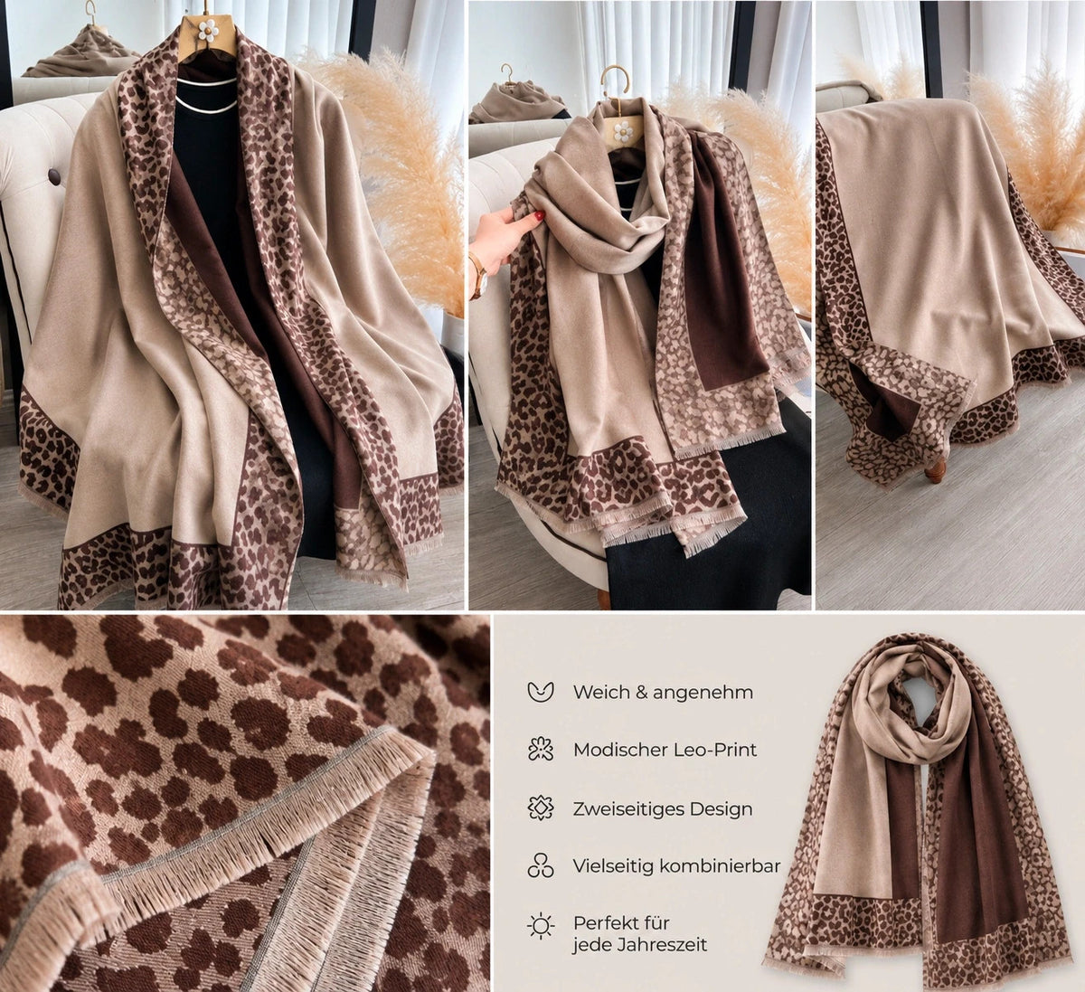 XXL beige and brown reversible shawl with patterned edges and soft fringe details.